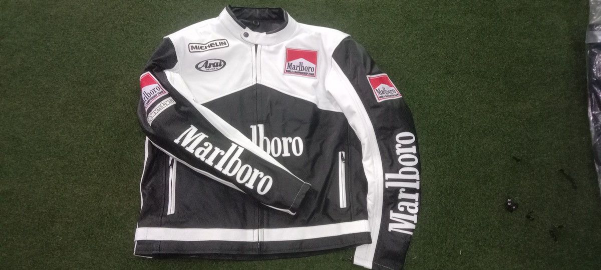 image of Genuine Leather Vintage 90's Marlboro Indian Motorcycle Leather Jacket in Black/White (Size XL)