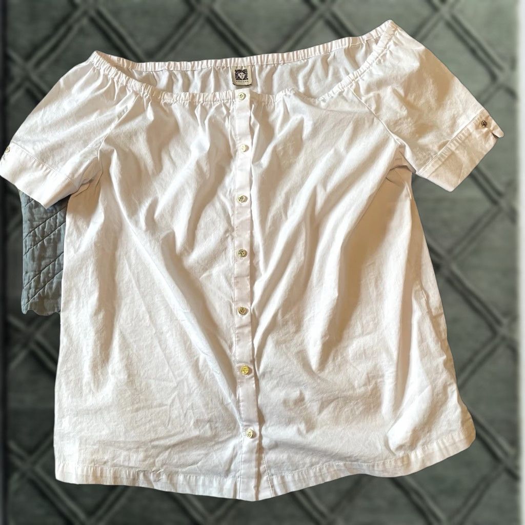 Anne Klein VINTAGE ANNE KLEIN Women's XL White Cotton Off Shoulder Top Buttons Breezy Cottagecore Size XL / US 12-14 / IT 48-50 - 1 Thumbnail