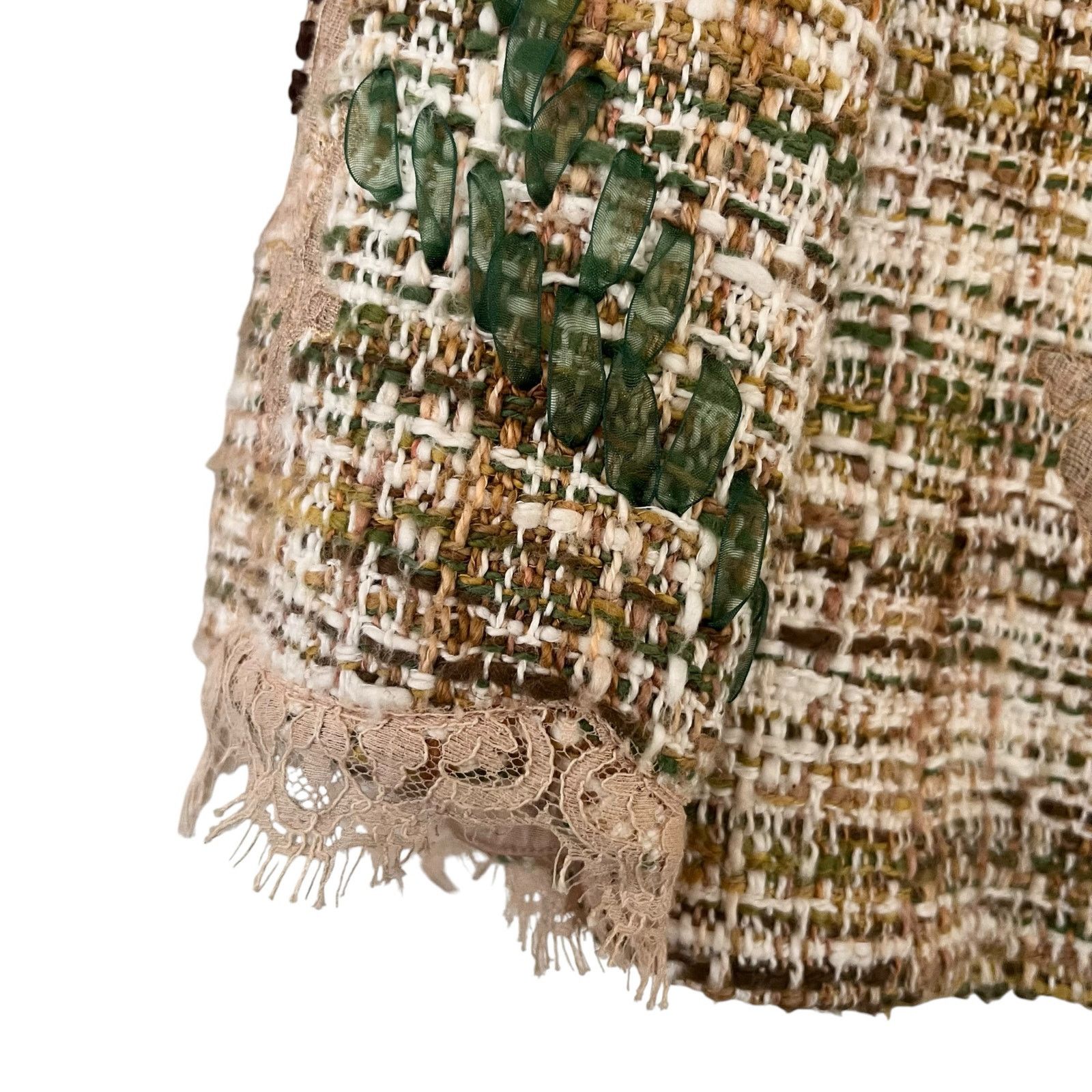 Other Vintage Rickie Freeman Teri Jon Beige Green Tweed Lace Trim Size 34" / US 12 / IT 48 - 6 Thumbnail