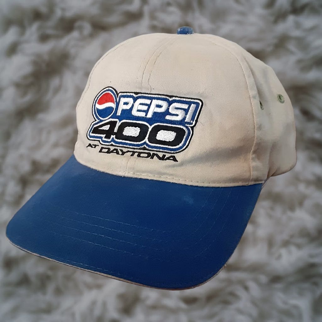Vintage VINTAGE Pepsi 400 At Day Strap Back Hat Shirt Beige Blue Lettering Men Adjustable Polyester Solid Back Cap Size ONE SIZE - 1 Thumbnail