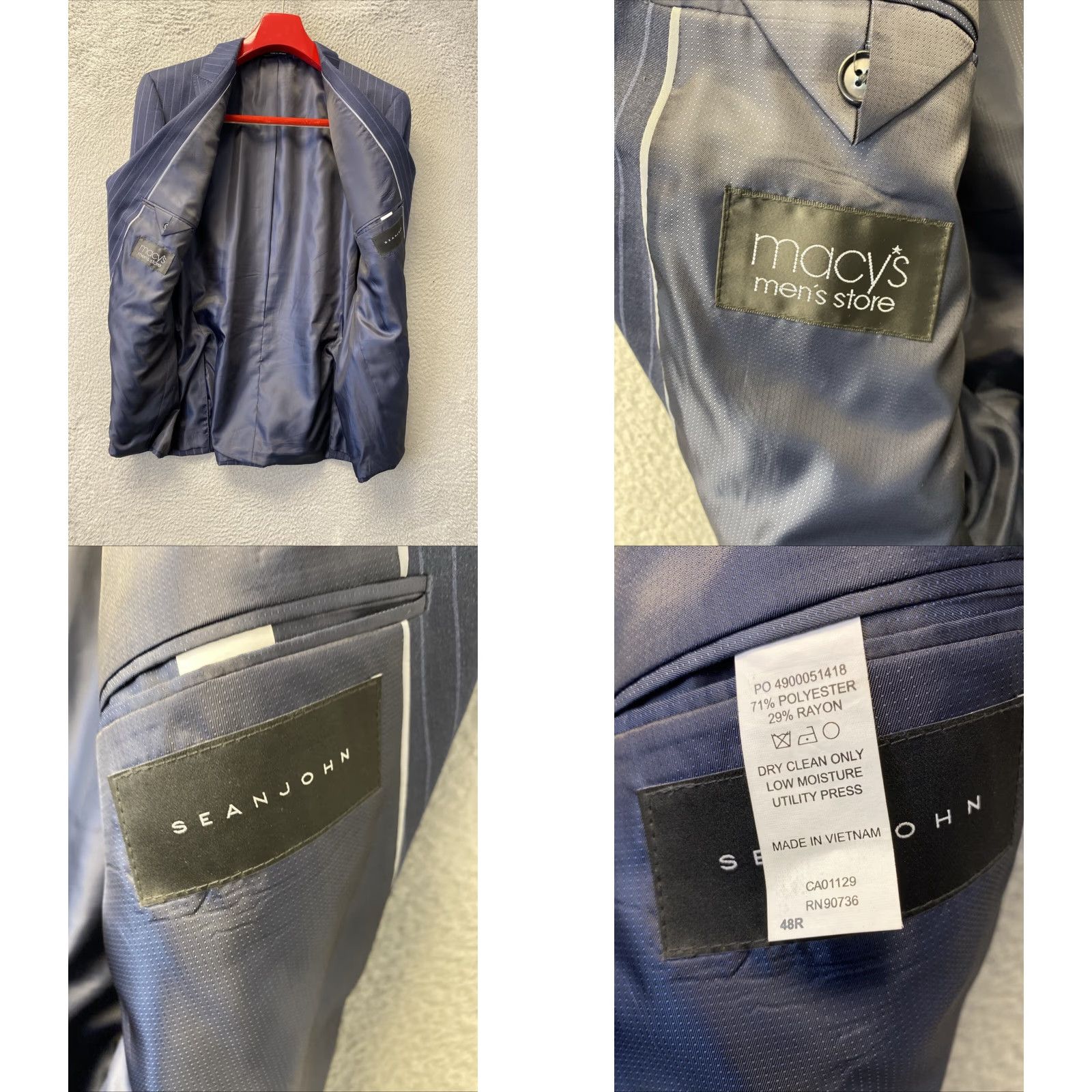 Sean John Sean John Blazer - Men’s Modern-Fit Striped Navy 48R Short Jacket 2-Button Peak Lapel Slim Suit Coat, Navy, Regular Mens Badged 131-9 Size 48R - 8 Thumbnail