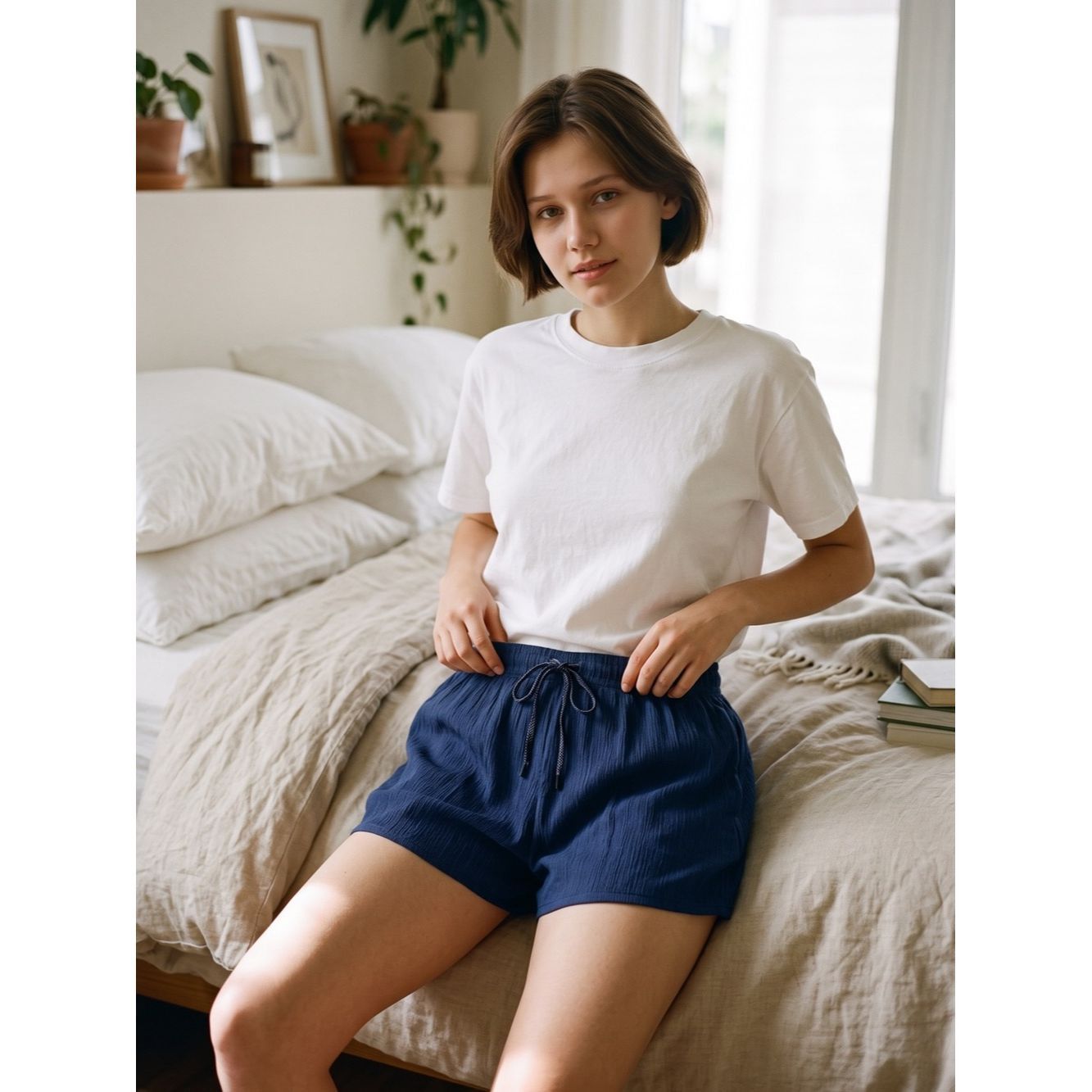 New Zara Textured Navy High-Waist Drawstring Shorts Siz in Blue, Women's (Size 32)