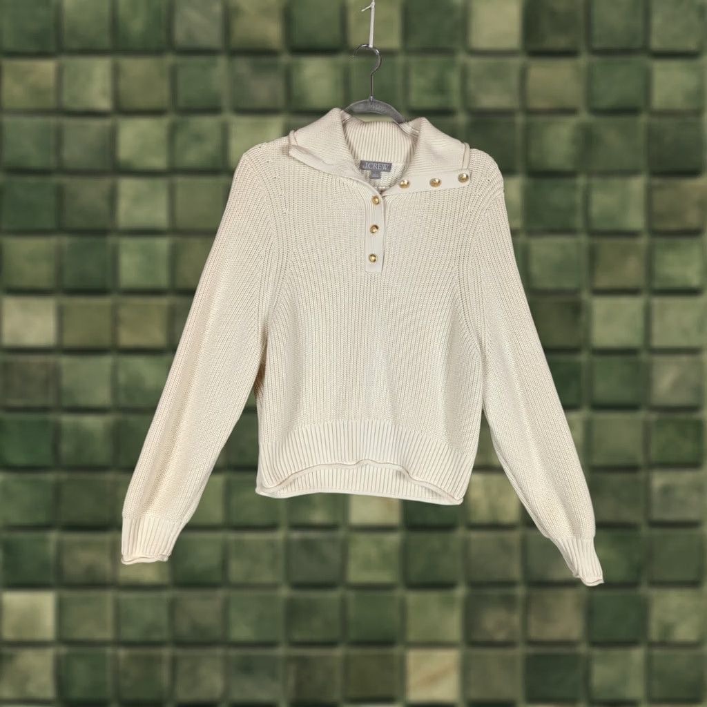 J.Crew J. CREW Sweater Womens L Ivory Ribbed Knit Cotton Button Collar Light Academia Pullover Long Sleeve Bre breathable Regular Fit Vintage: No Size L / US 10 / IT 46 - 1 Thumbnail