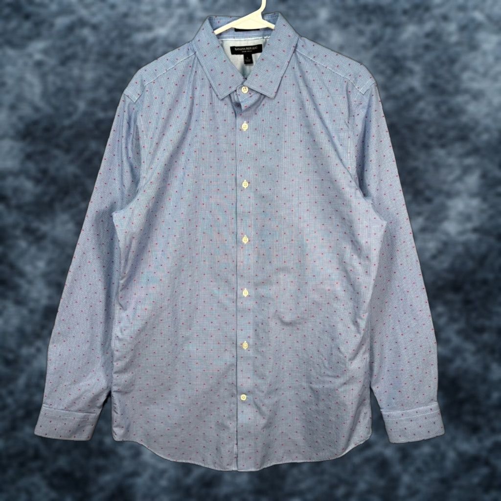 Banana Republic Banana Republic Mens Large Grant Fit Long-Sleeve Shirt Non-Iron Light Blue Dress Shirt Casual Business Slim Check Blue Button Cuff Mens Size US L / EU 52-54 / 3 - 1 Thumbnail