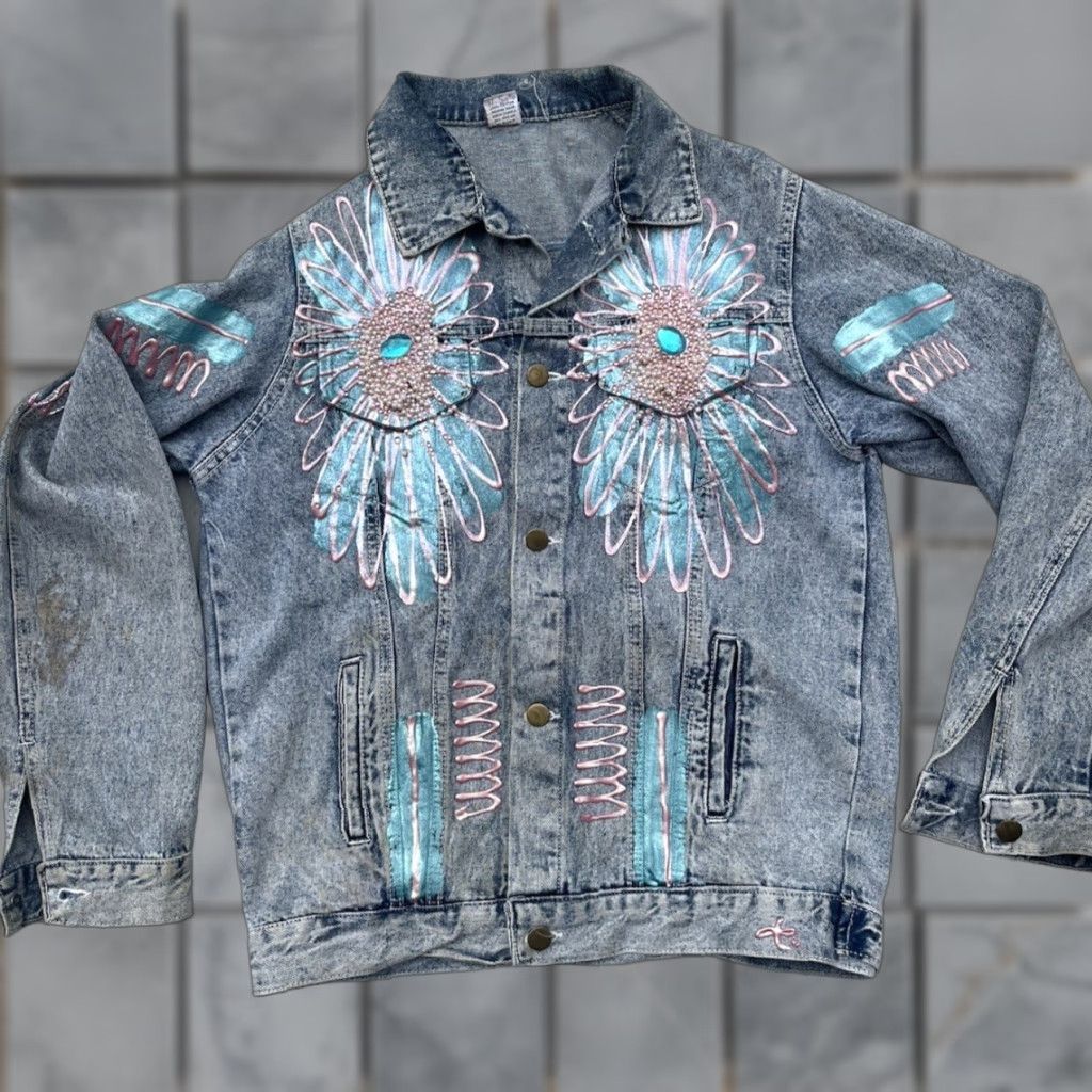 Denime Women's Bon Bon Jacket Denim 14 Blue 80s Retro Whimisgoth Vintage Jacket Bon Bon Denim Solid Blue Rock 80s Mens? Women? Size XL / US 12-14 / IT 48-50 - 1 Thumbnail