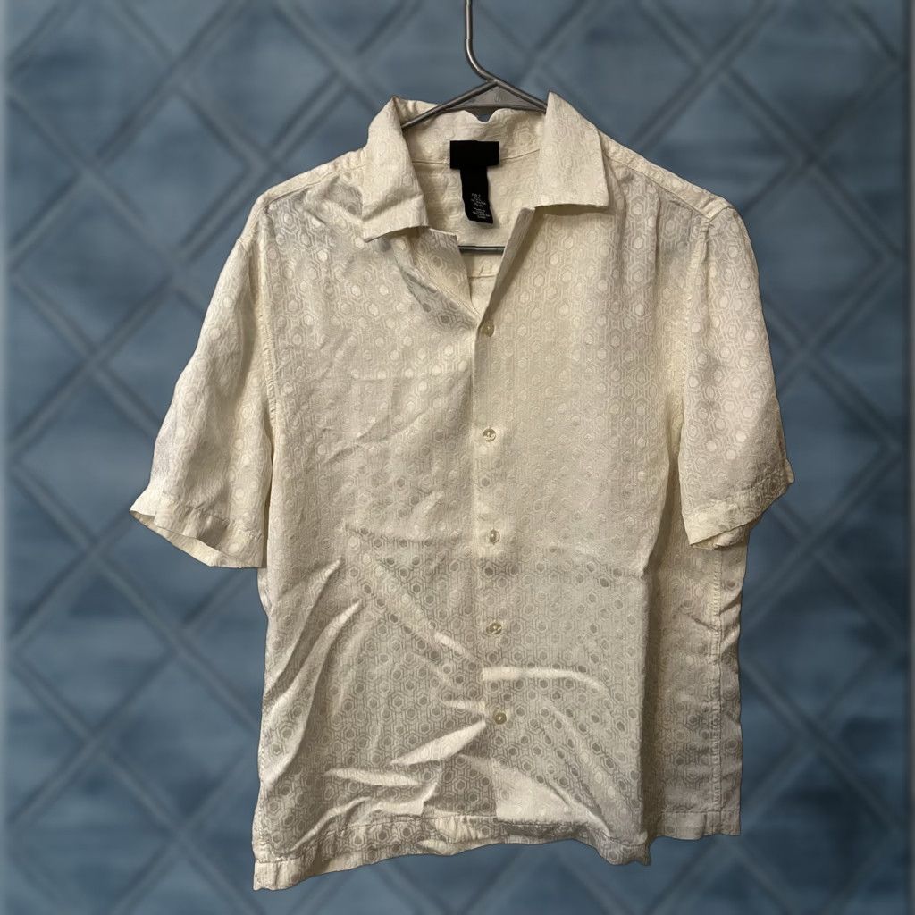 H&M H&M Geometric Button-Down Shirt Short Sleeve Ivory Linens Linen Lyocell Viscose Small Men Size US 29 - 1 Thumbnail