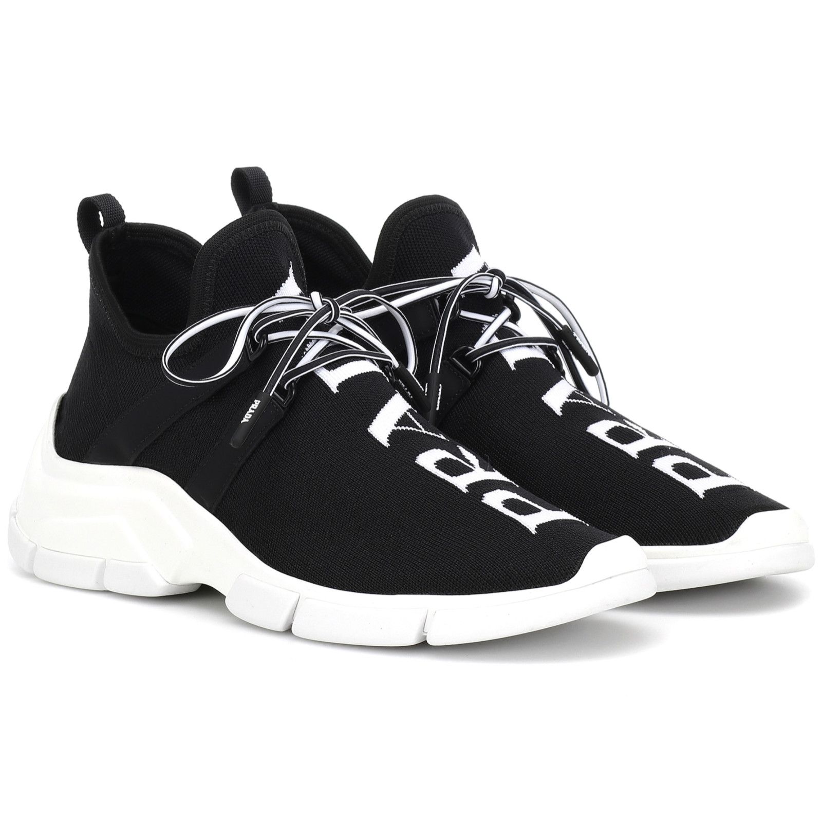 Prada Prada Logo Sock Black White Knit Flat Tie Pull On Sneaker 35 Size US 5 / IT 35 - 3 Thumbnail