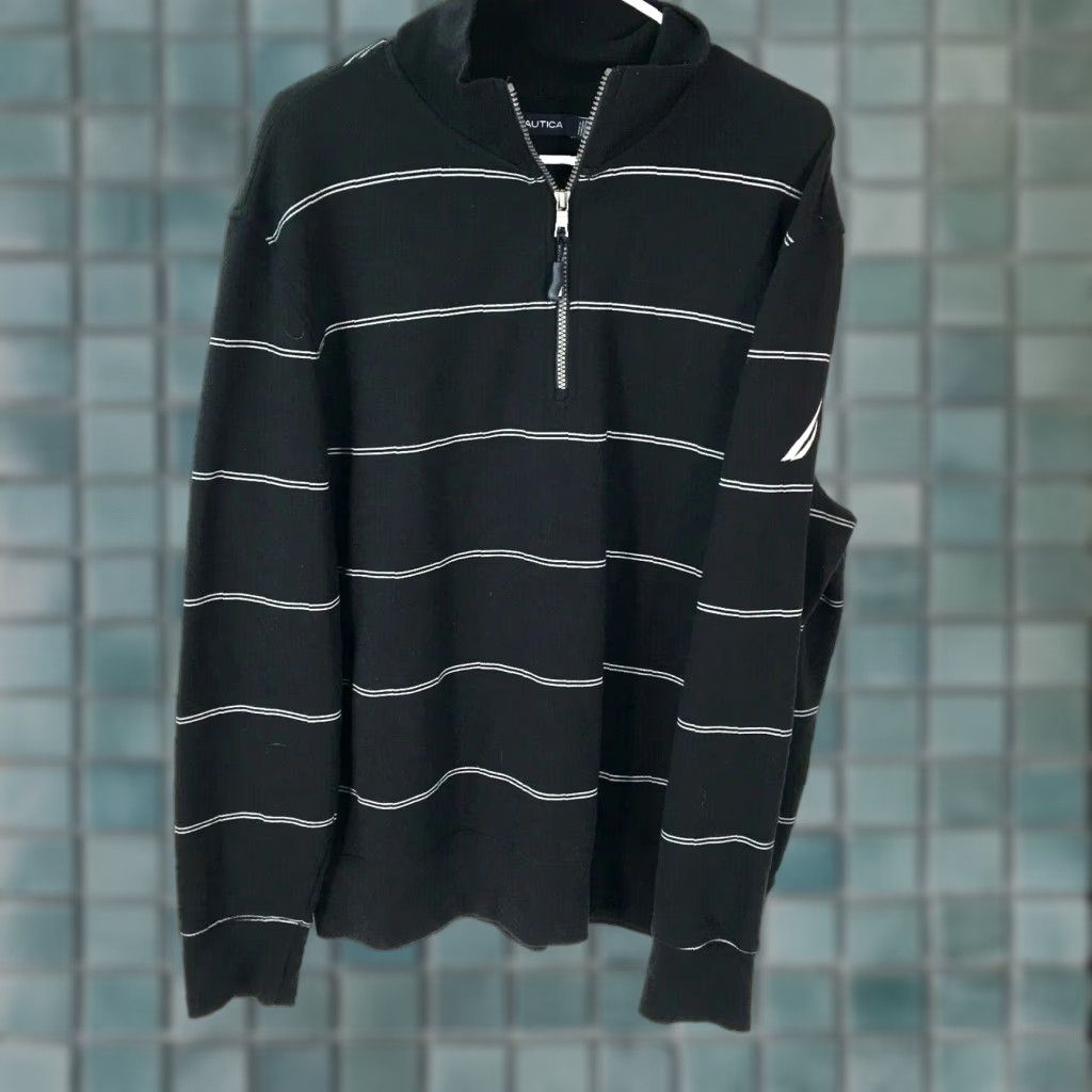 Nautica Nautica Mens Quarter Zip Mock Neck Striped Black Pullover Sweater Size Large Size US L / EU 52-54 / 3 - 1 Thumbnail