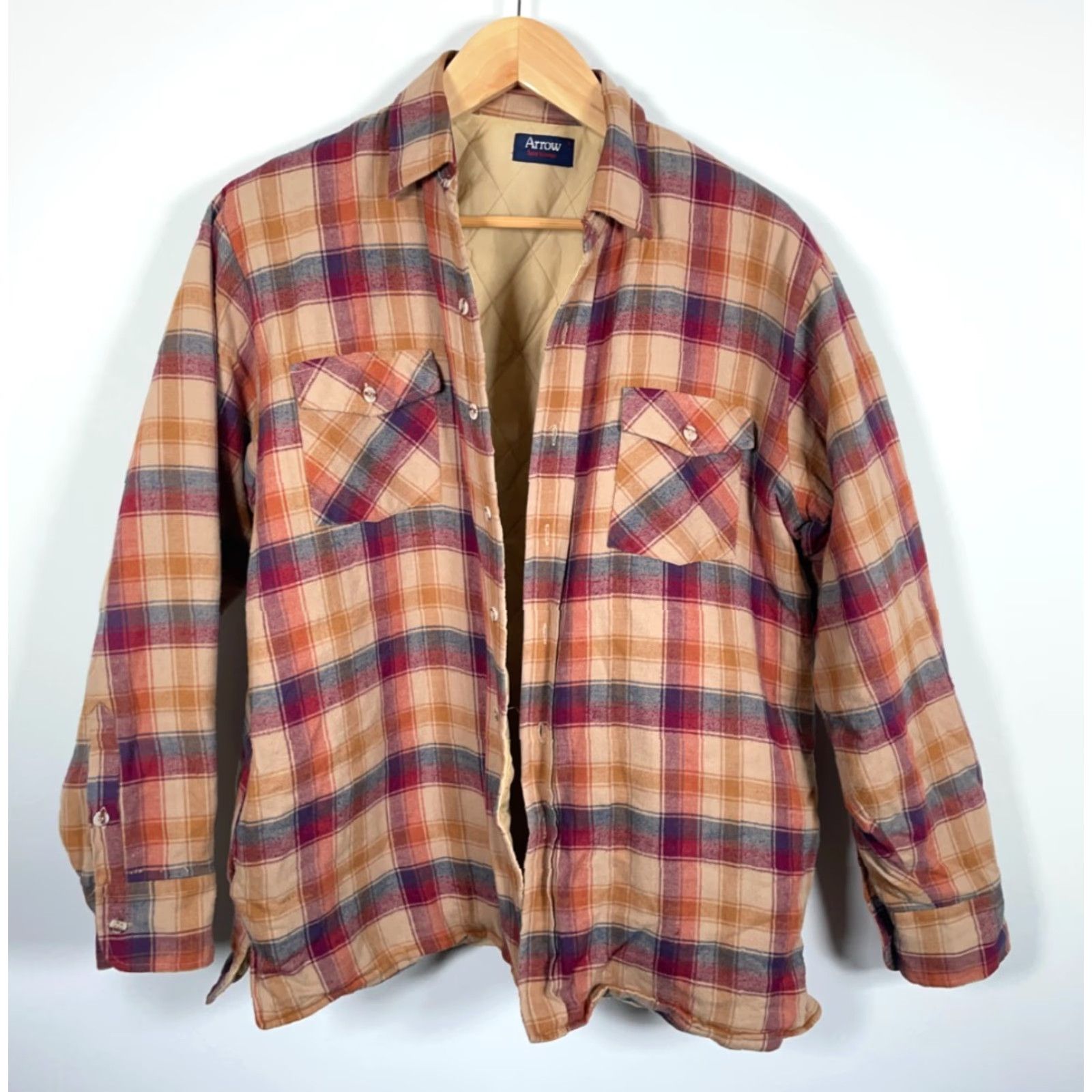 Arrow VINTAGE Arrow Shacket Jacket Quilted L Beige Red Plaid Mens Large Size US L / EU 52-54 / 3 - 2 Thumbnail