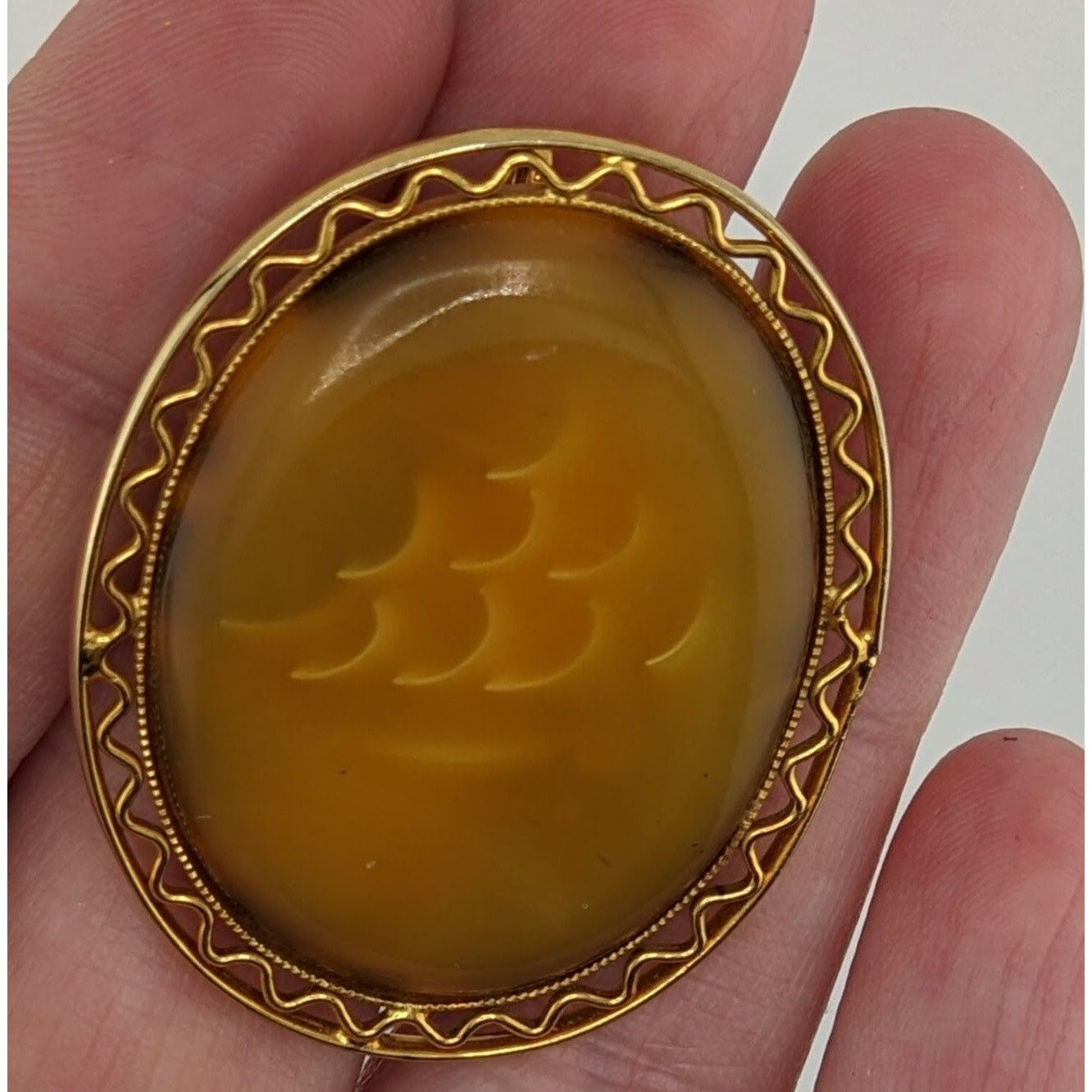 Other Vintage Oval Mottled Yellow Stone Brooch/Pendant With Filigr Size ONE SIZE - 4 Thumbnail