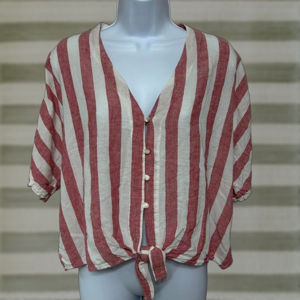Rails Shirt Women's L Seville Stripe Tie Front Button-Up Short Sleeve Top White Linen Blend Rag? (But must only use original words).