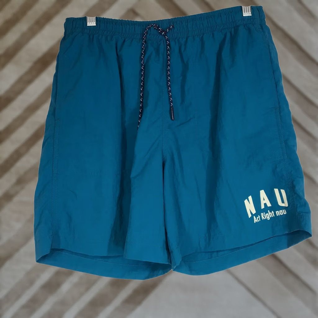 Vintage NAU Men Teal Blue Swim Shorts Active Right Elastic Waist Drawstring Pockets Size ONE SIZE - 1 Thumbnail