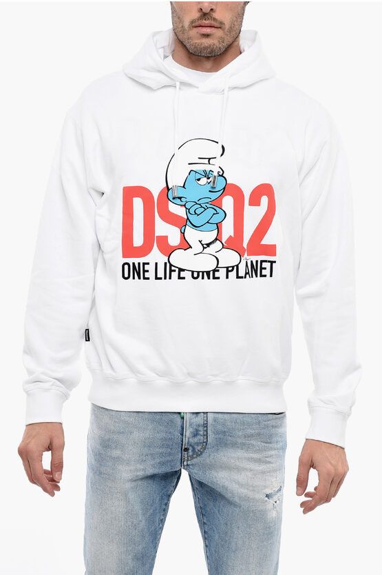 image of Dsquared2 Brushed Cotton Smurfs Cool Hoodie in White, Men's (Size Small)