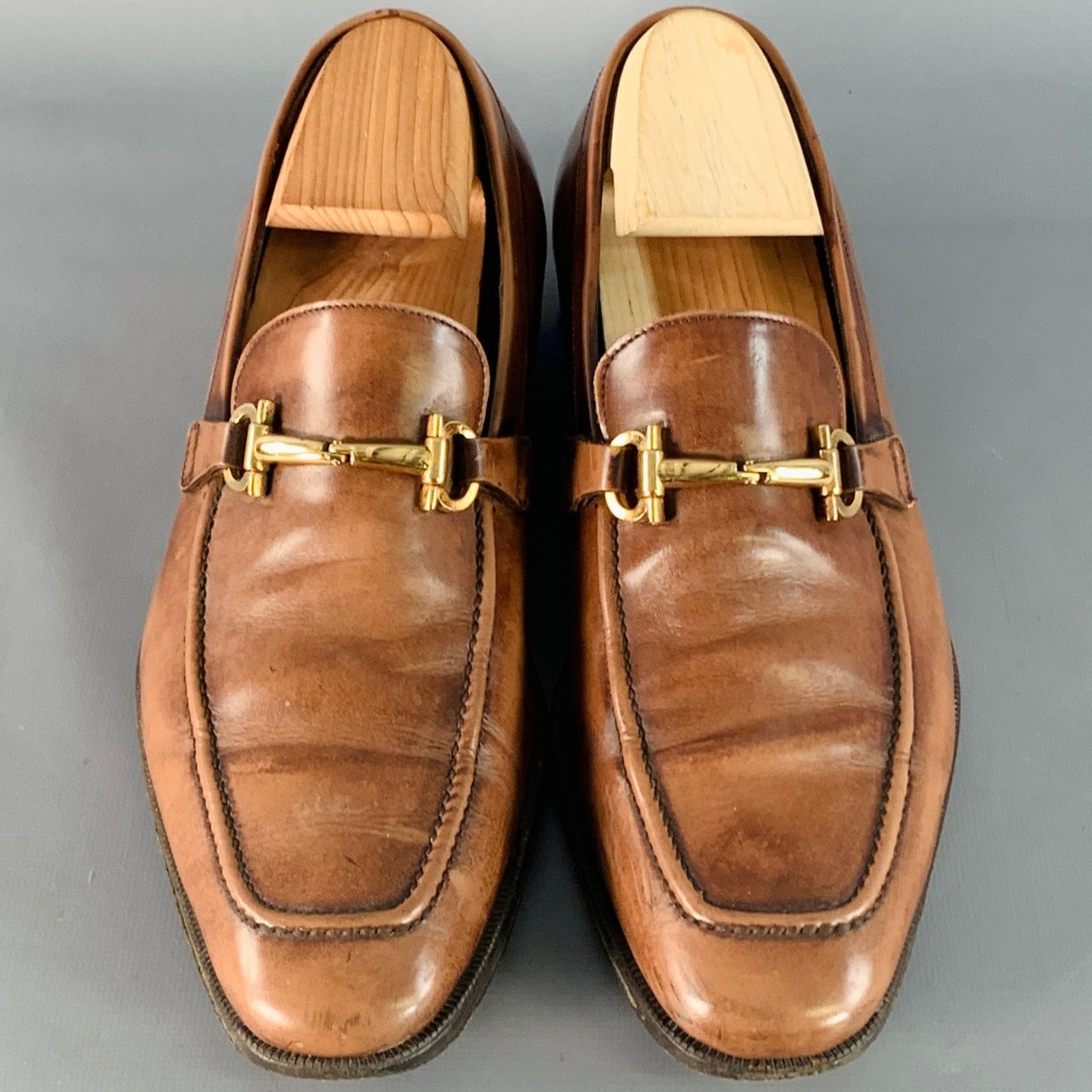 Salvatore Ferragamo SALVATORE FERRAGAMO Brown Gold Leather Horsebit Loafers Size US 7 / EU 40 - 4 Thumbnail