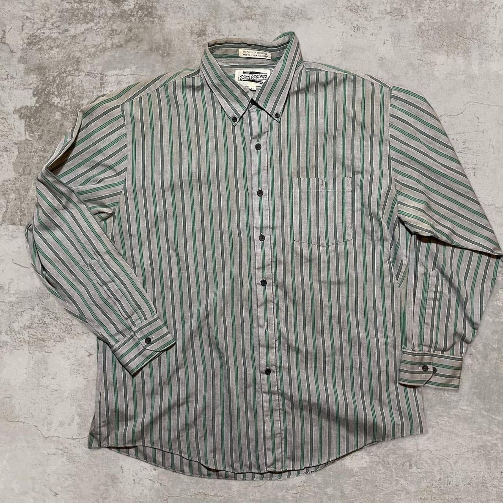 Vintage 80s expression Green and grey striped button-up shirt XL Size US XL / EU 56 / 4 - 1 Thumbnail