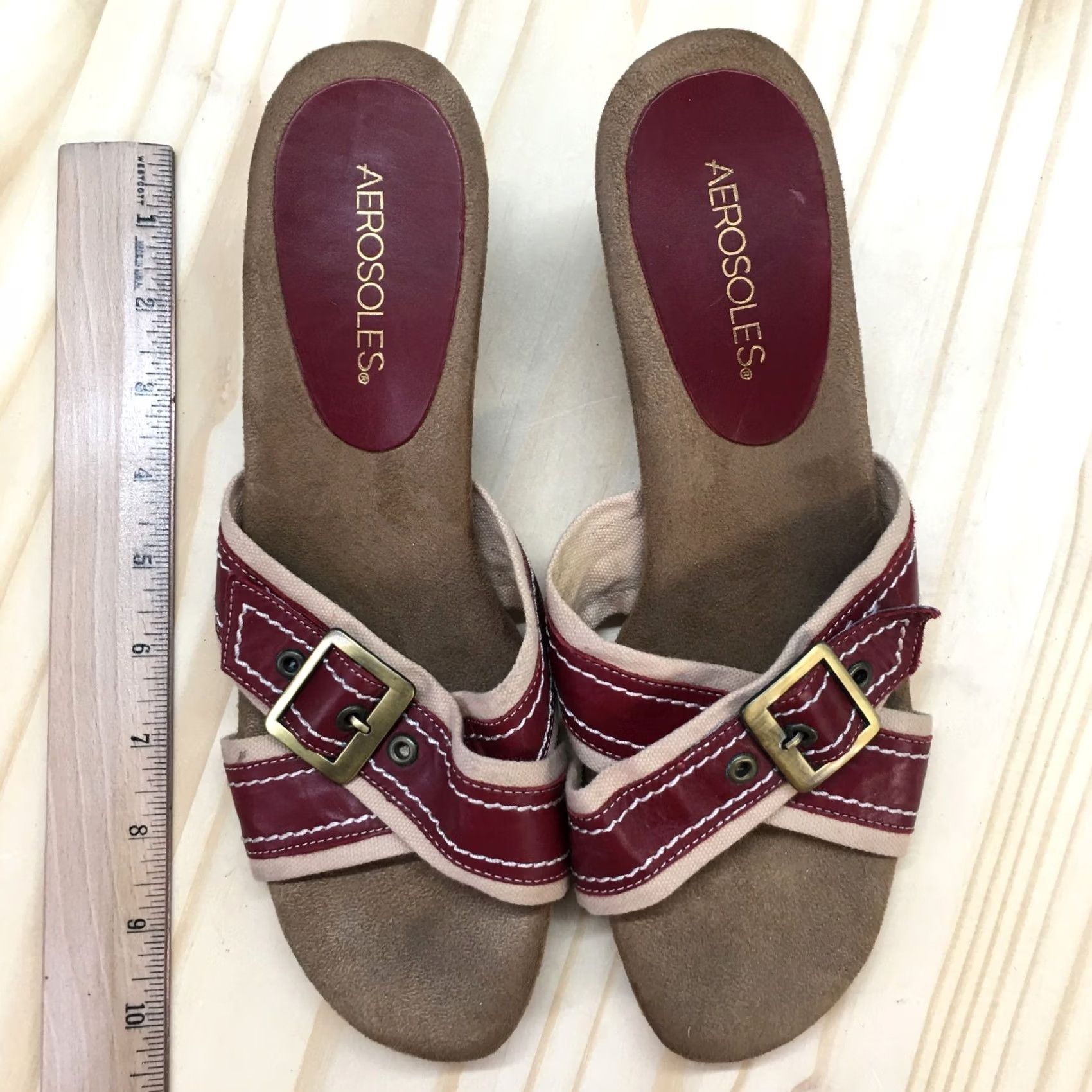 Vintage Aerosoles Algebra Slide Heels Womens 9.5 Maroon Buckle Strap Open Toe Leather Slidi Size US 10 / IT 40 - 6 Thumbnail