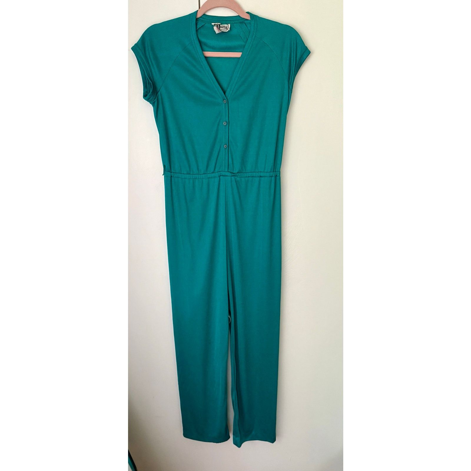 Vintage Vintage 70s Teal Green Jump Suit Med Large One Piece Disco Size 32" / US 10 / IT 46 - 3 Thumbnail