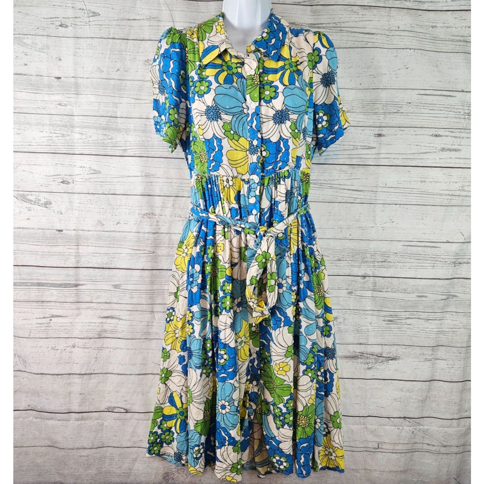 Vintage Aura Womens Shirt Dress Sz Large Blue Floral Belted Button Up Rayon Midi Dress - Belted, Blue, Floral, Midi, Shirt Dress, Regular, Aura, Large, Womens Size L / US 10 / IT 46 - 2 Thumbnail