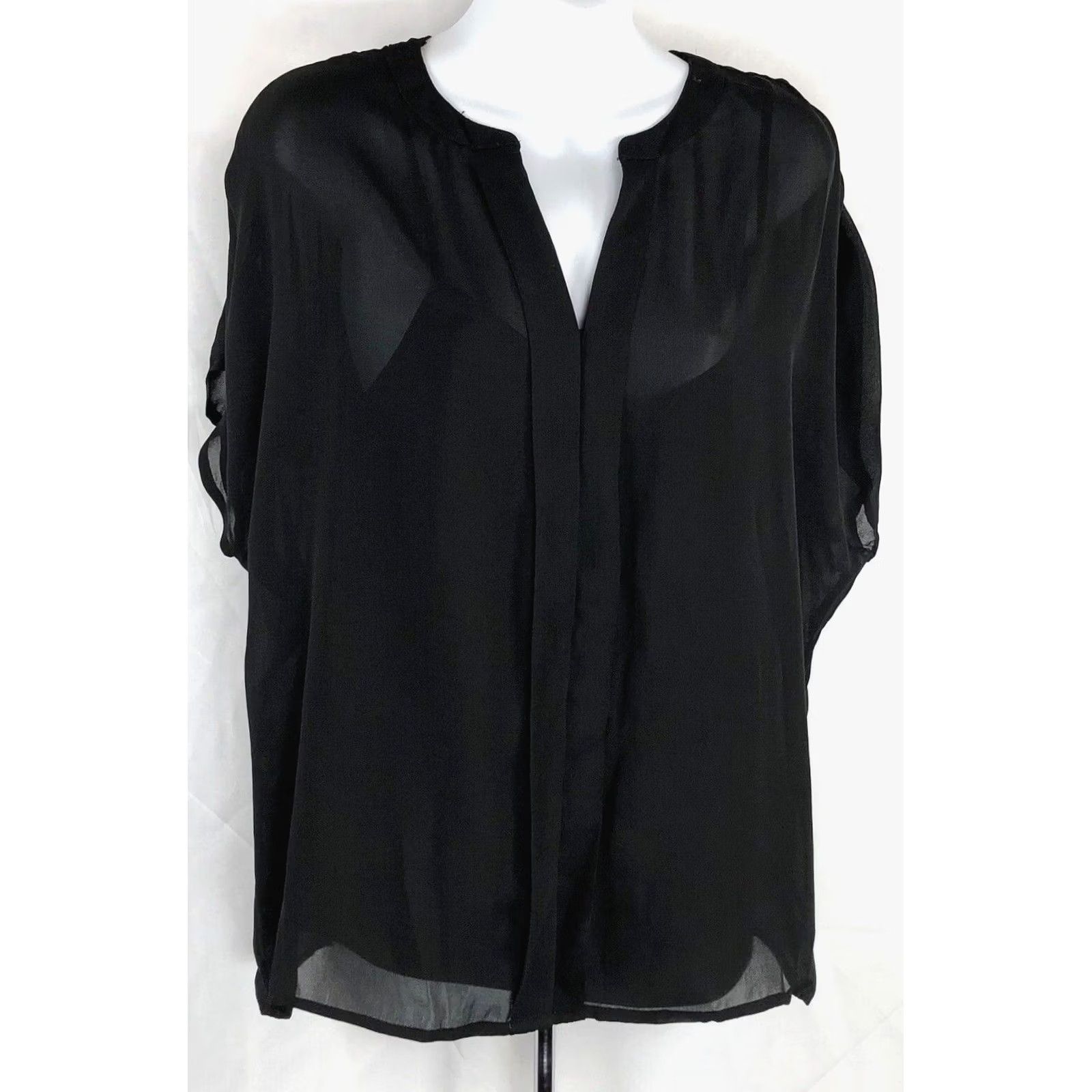 Worthington Worthington silky chiffon twin set L black Dolman short sleeve V-neck pleated Blouse Womens Size 36" / US 14 / IT 50 - 2 Thumbnail
