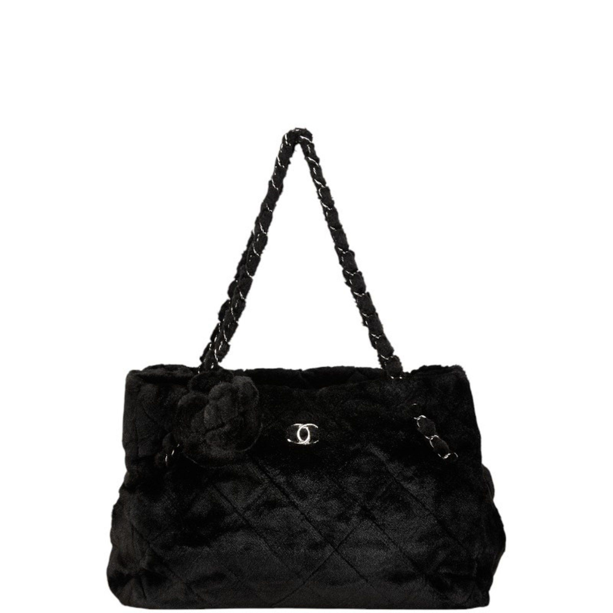 Chanel Matelasse Camellia Coco Mark Chain Tote Bag Shoulder Black Faux Fur Women's Chanel