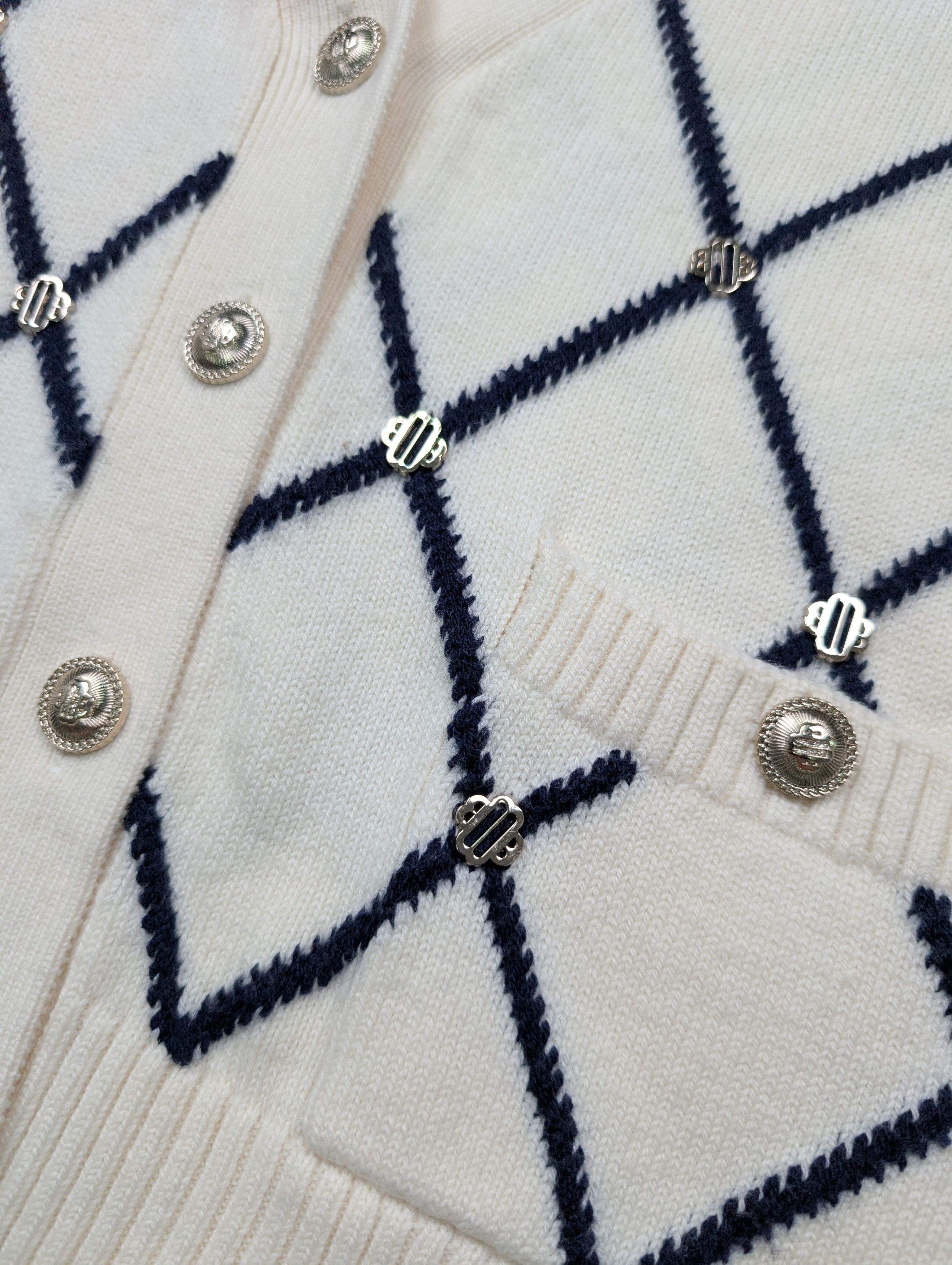 Maje Maje Beige With Navy Diamond-Pattern Cardigan Size XS / US 0-2 / IT 36-38 - 6 Thumbnail