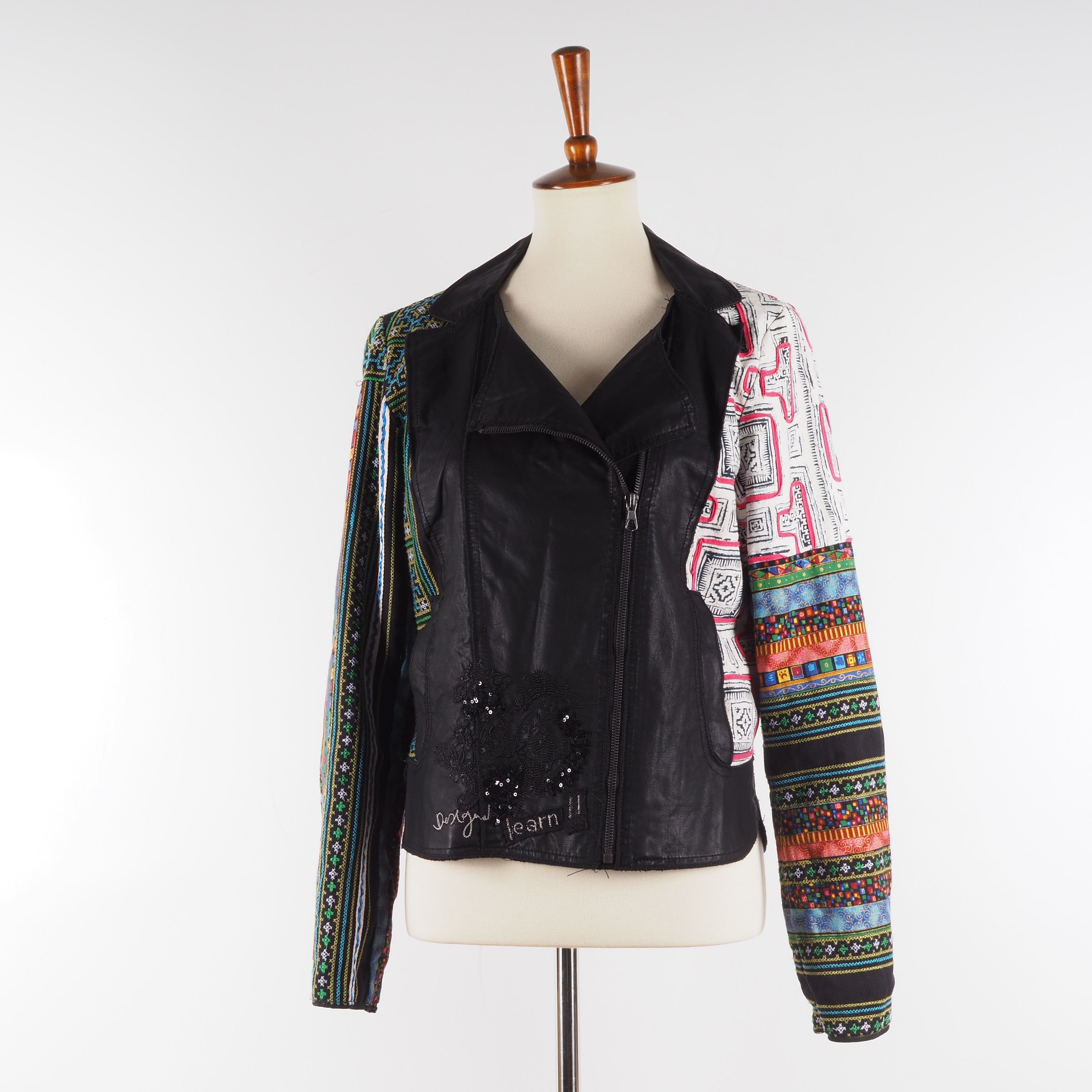 Desigual Desigual Black Faux Leather Embroidered Moto Biker Jacket Size M / US 6-8 / IT 42-44 - 3 Thumbnail