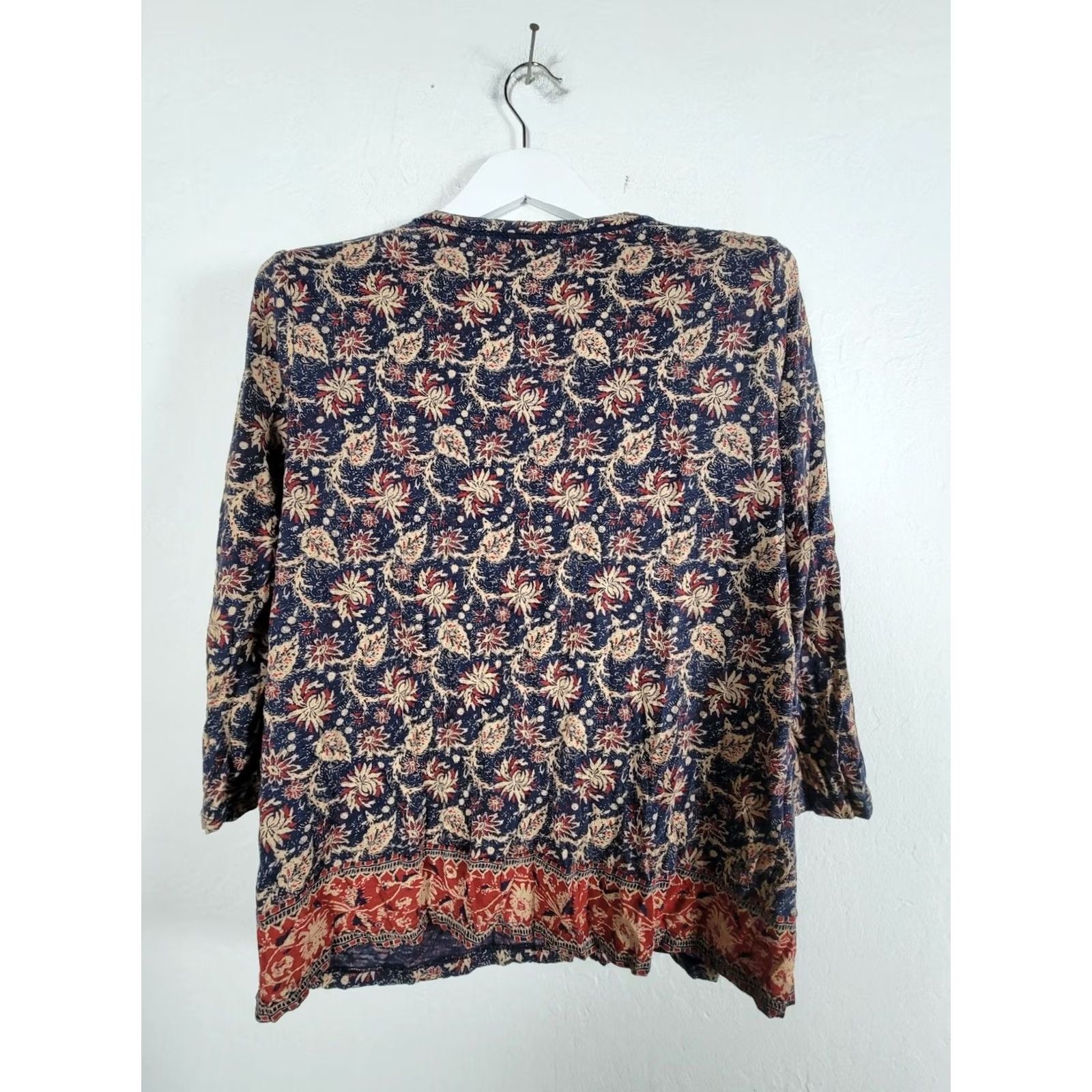 Lucky Brand Lucky Brand Womens Floral Boho Print 3/4 Sleeve V-Neck Top Large Blue Red Casual Shirt Womens Size L / US 10 / IT 46 - 2 Thumbnail