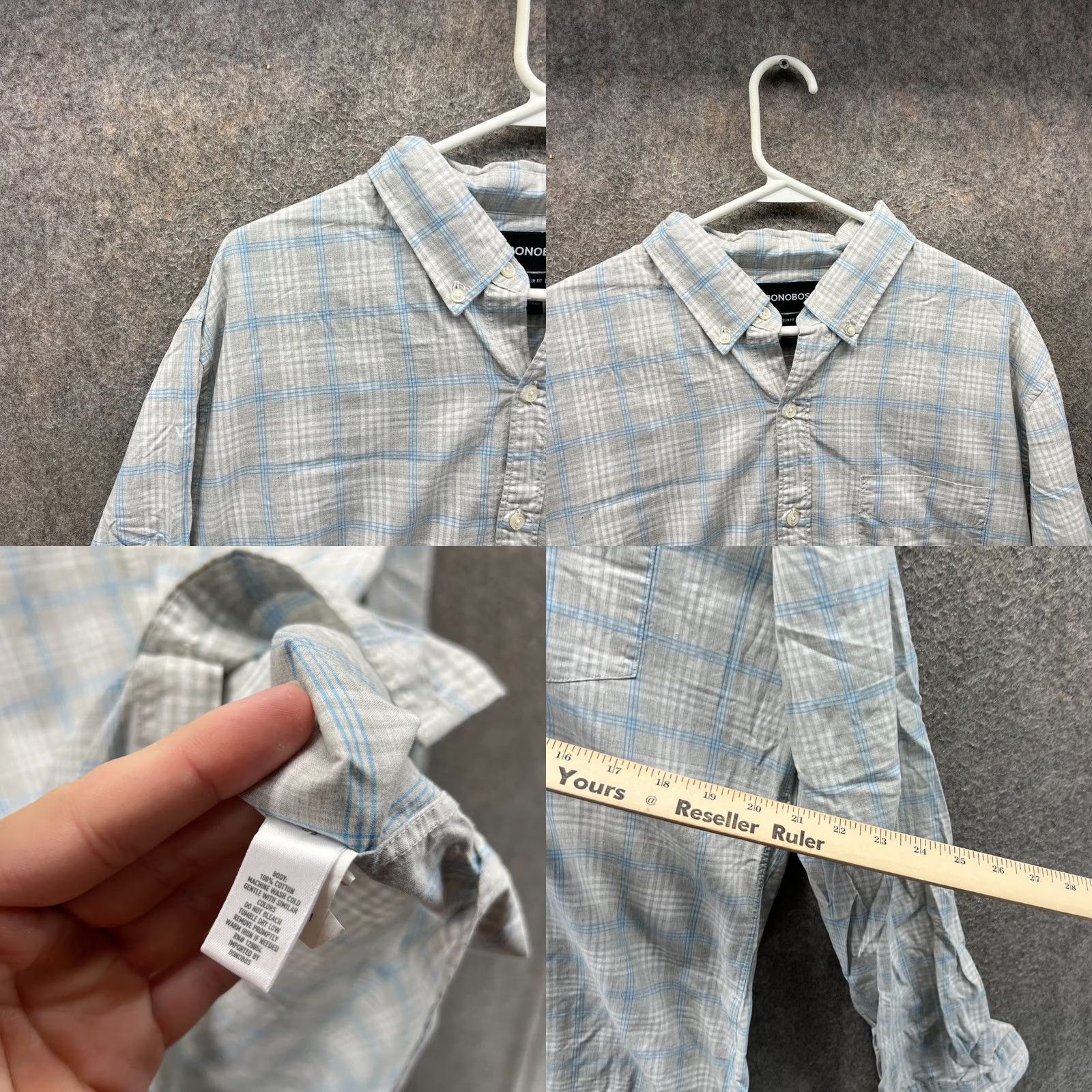 Bonobos Bonobos Shirt Mens XL Gray Blue Button Down Preppy Dress Slim Plaid Oxford Shirt Size 46R - 8 Thumbnail