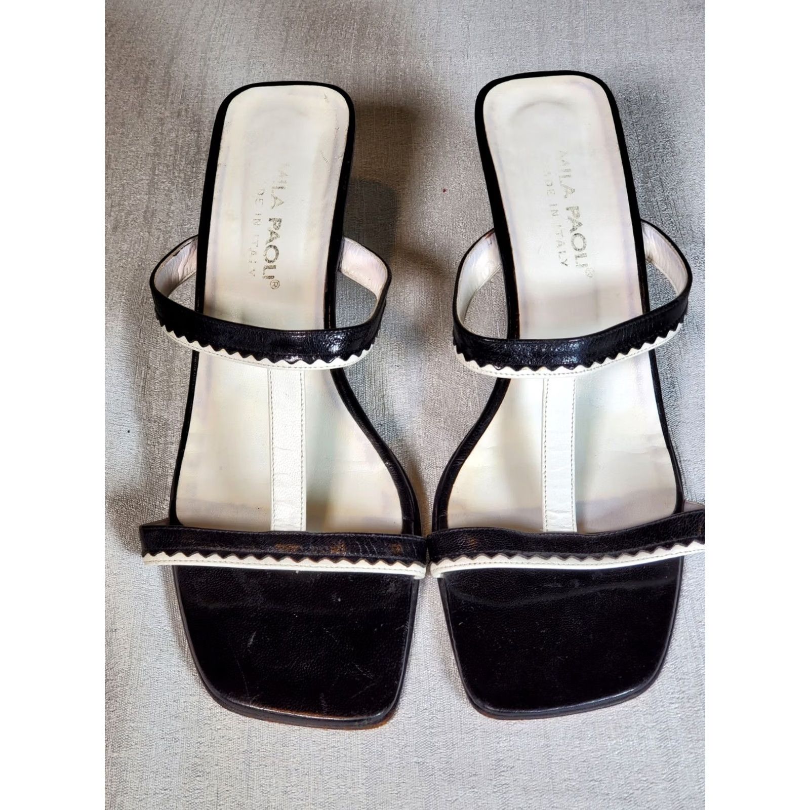 Vintage Mila Paoli Sandal Women Slide Sawtooth Pattern Black White Leather Block Heel 9.5 M Size US 10 / IT 40 - 3 Thumbnail