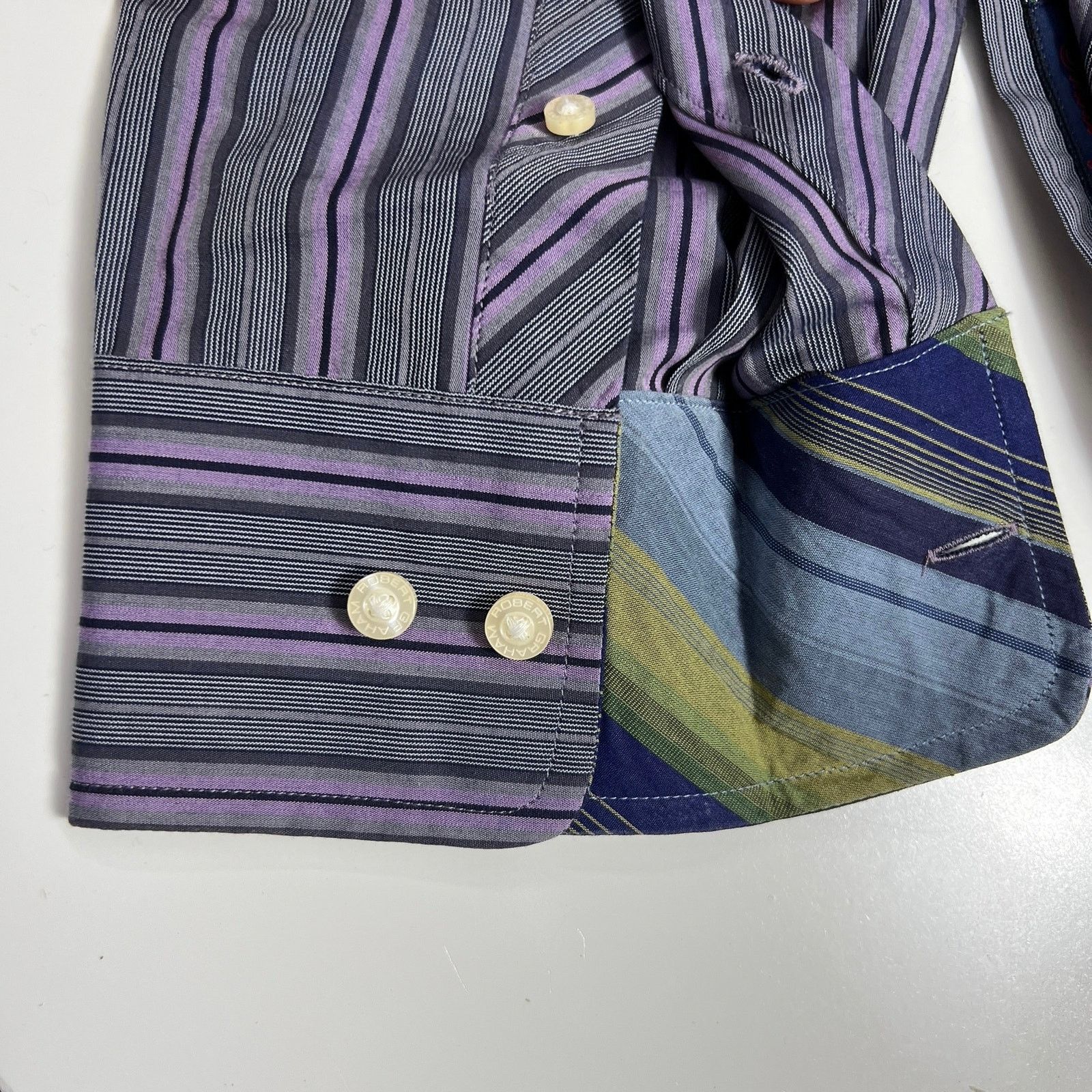 Robert Graham Robert Graham Mens Purple Gray Striped Flip Cuff Shirt Sz XL Size US XL / EU 56 / 4 - 8 Thumbnail