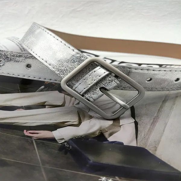 Leather Metallic Silver Belt with Sleek Buckle Size ONE SIZE - 4 Thumbnail