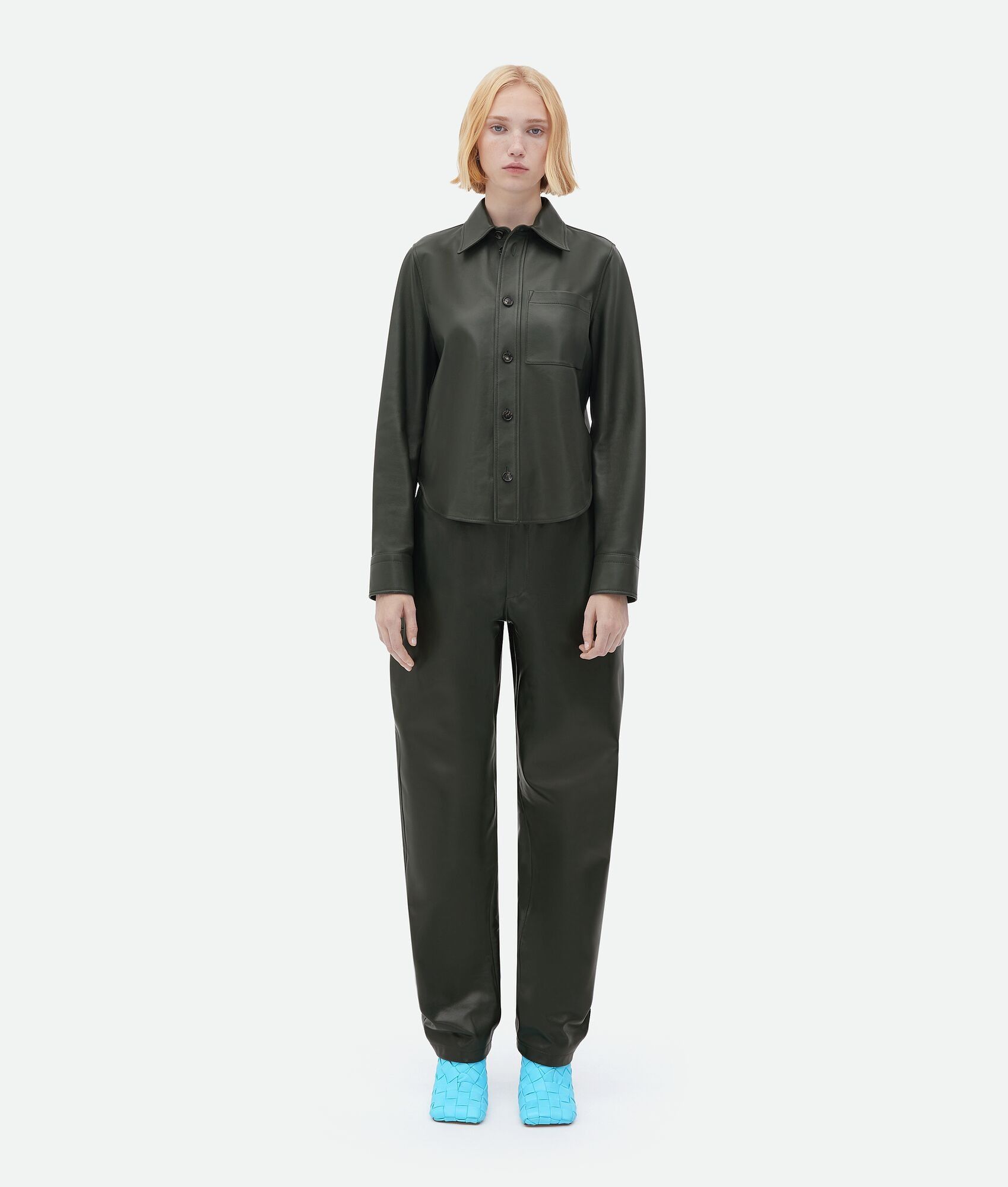 Bottega Veneta o1n1vont0325 Soft Leather Shirt in Dark Green Size S / US 4 / IT 40 - 1 Thumbnail
