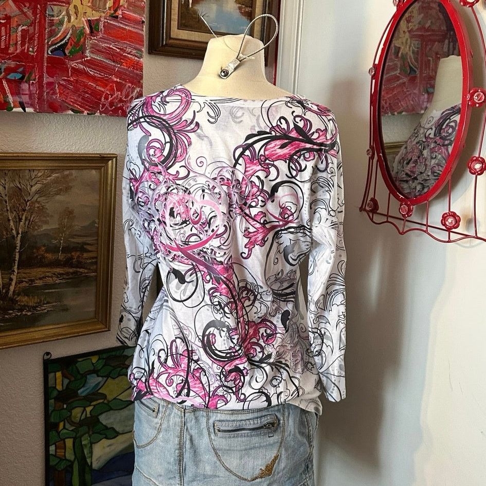 Style & Co style&co flourish pink white black long sleeve shirt Size L / US 10 / IT 46 - 3 Thumbnail