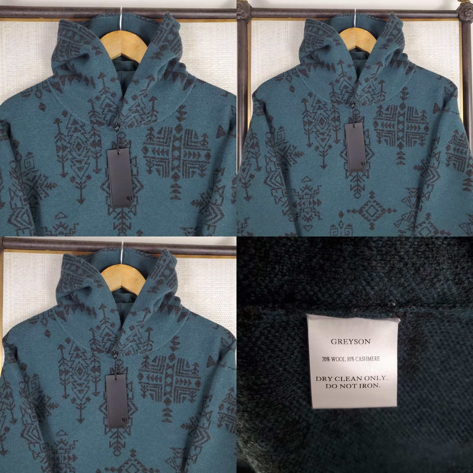 Vintage Greyson Mens Heavyweight Pullover Sweater Hooded Aztec Southwest Green XL Cashmere Wool Crew Neck Long Sleeve All Seasons Christmas NWT Size US XL / EU 56 / 4 - 10 Thumbnail