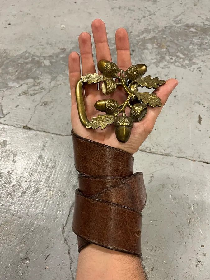 Designer × Dsquared2 × Vintage 2000s Dsquared2 Nuts & Leaves Bucke Brown Leather Belt Size ONE SIZE - 1 Thumbnail