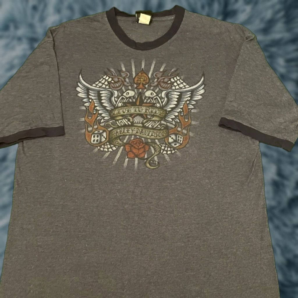 Harley Davidson VINTAGE Harley-Davidson Tattoo Wings Dice 2004 PA VTG Ringer Shirt Mens XL Gray Short Sleeve T-Shirt Men Size US XL / EU 56 / 4 - 1 Thumbnail