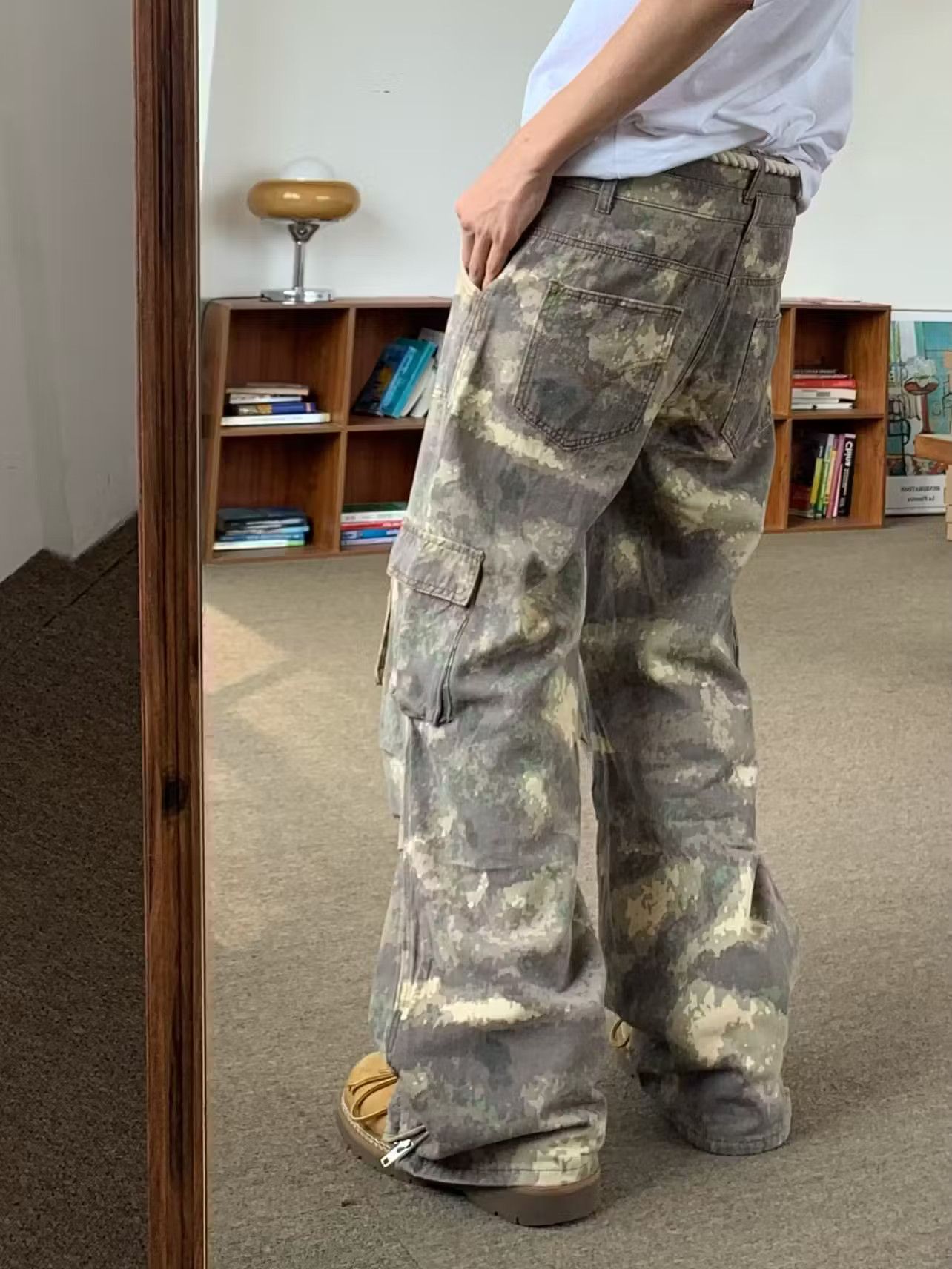 image of Vintage Fade Baggy Camo Flared Cargo Pants in Natrual Yellow, Men's (Size 29)