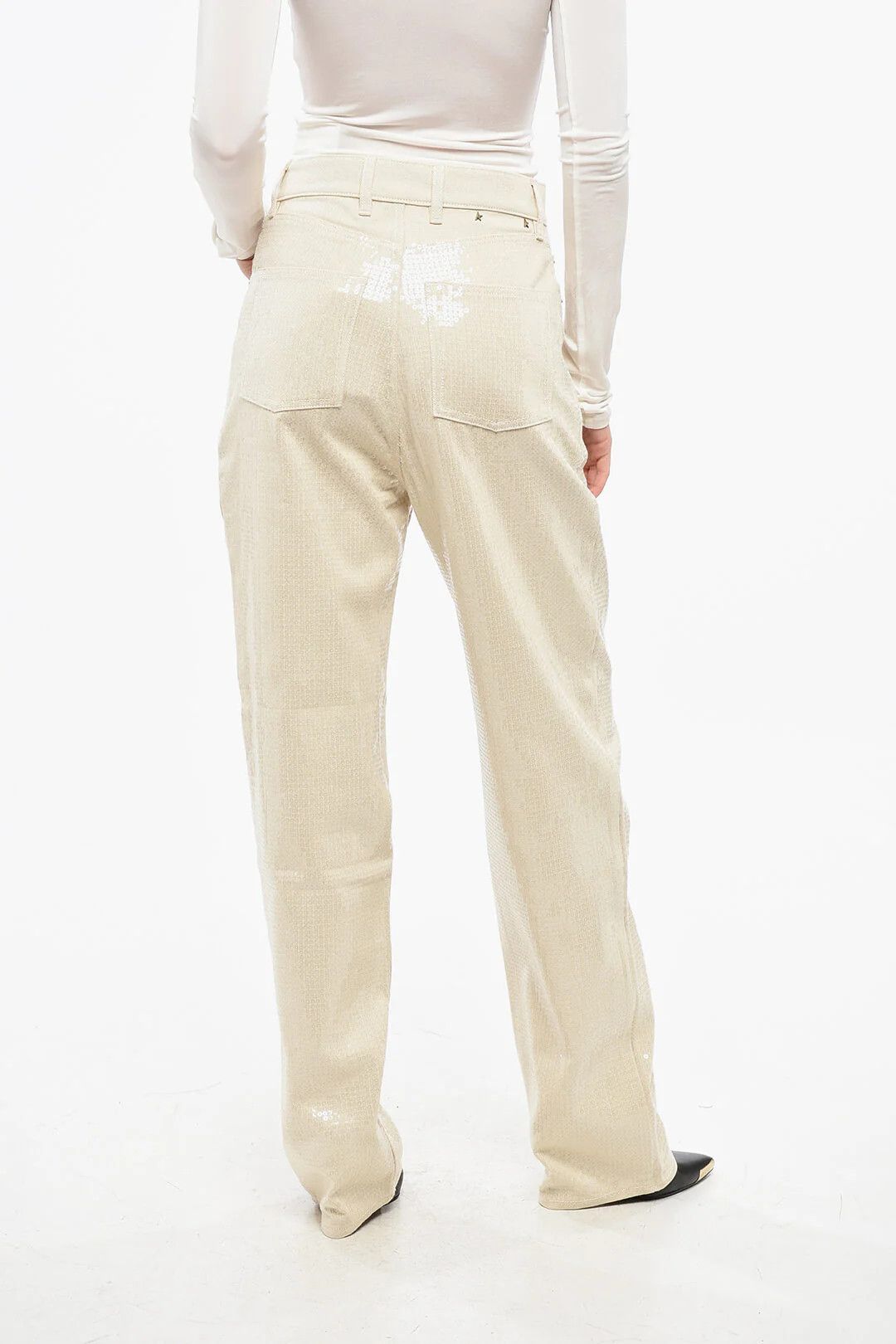 Golden Goose og1mm0426 Sequin Wide-Leg High-Rise Pant in Beige Size 26" / US 2 / IT 38 - 2 Thumbnail