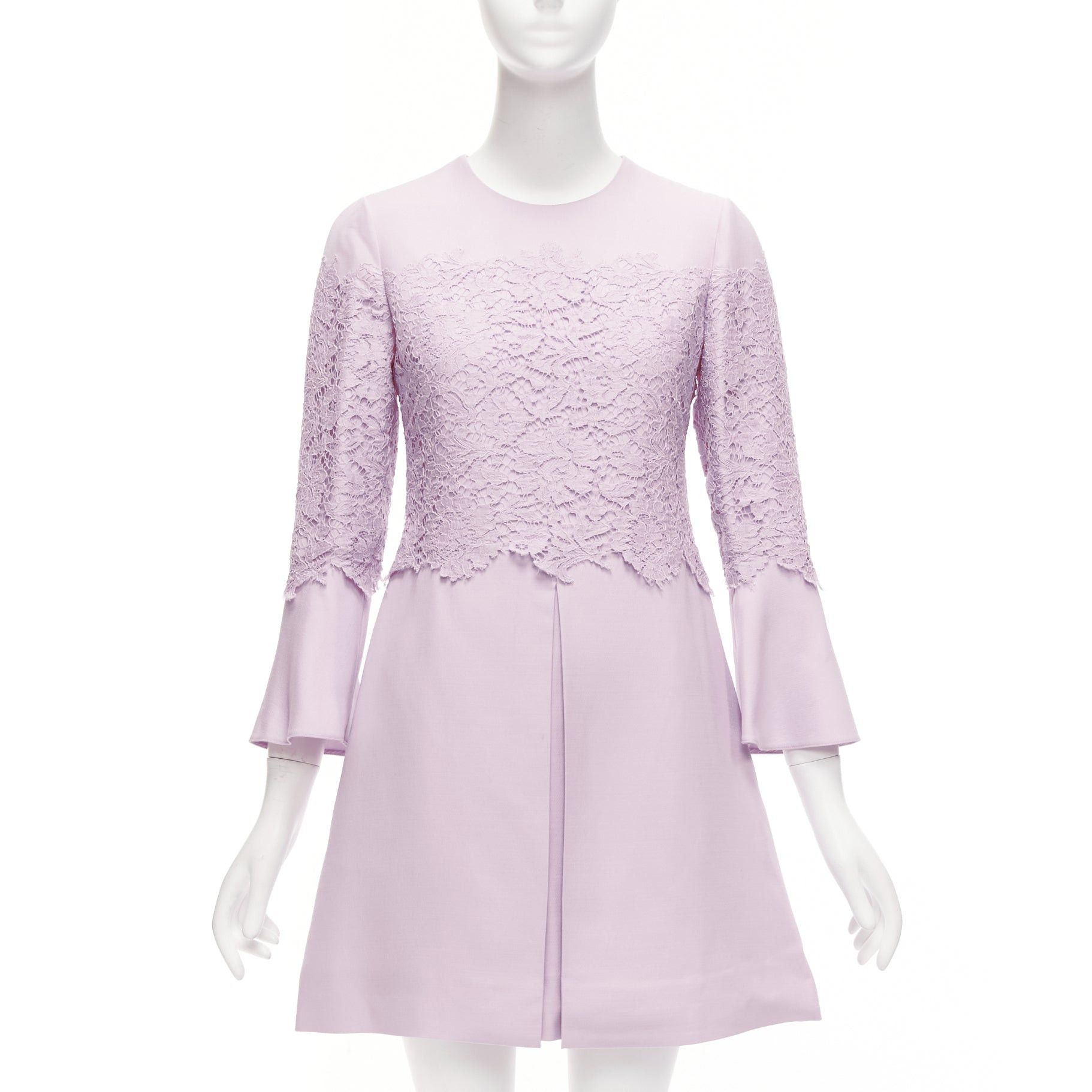 Valentino VALENTINO 2019 pastel pink wool silk crepe lace box pleat A-line dress IT38 XS Size XS / US 0-2 / IT 36-38 - 1 Thumbnail