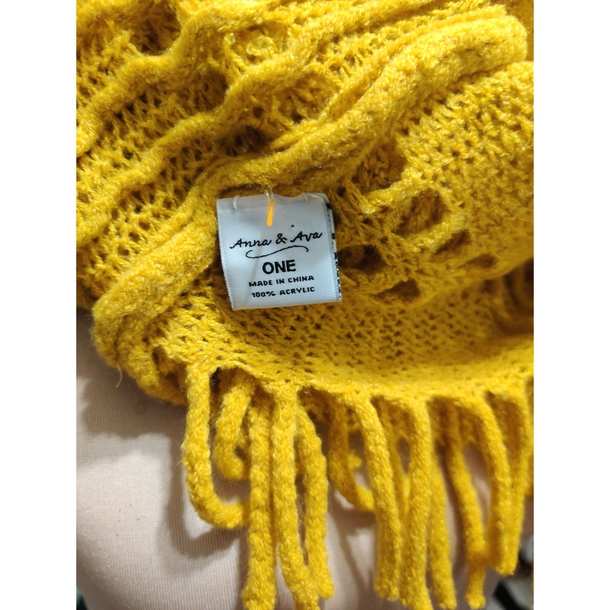 Other Anna & Ava Mustard Yellow Crochet Fringe Infinity Scarf Open Size ONE SIZE - 4 Thumbnail