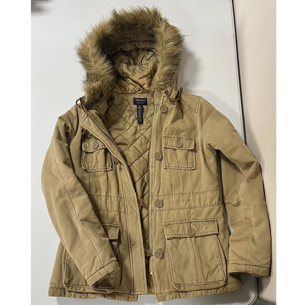 American Eagle Outfitters Brown Beige Fur Cargo Winter Jacket Coat Outerwear Size S ✨ Size S / US 4 / IT 40 - 3 Thumbnail