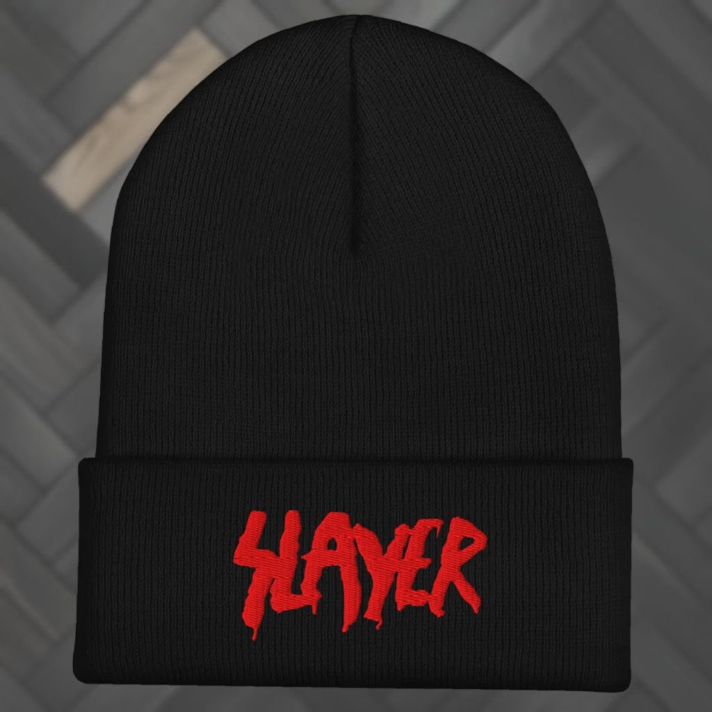 Vintage VINTAGE? No. Officially Licensed Slayer Embroidered Beanie Hat Black Men One Size Beanie Accessories Music Slayer Hat Mens Size ONE SIZE - 1 Thumbnail