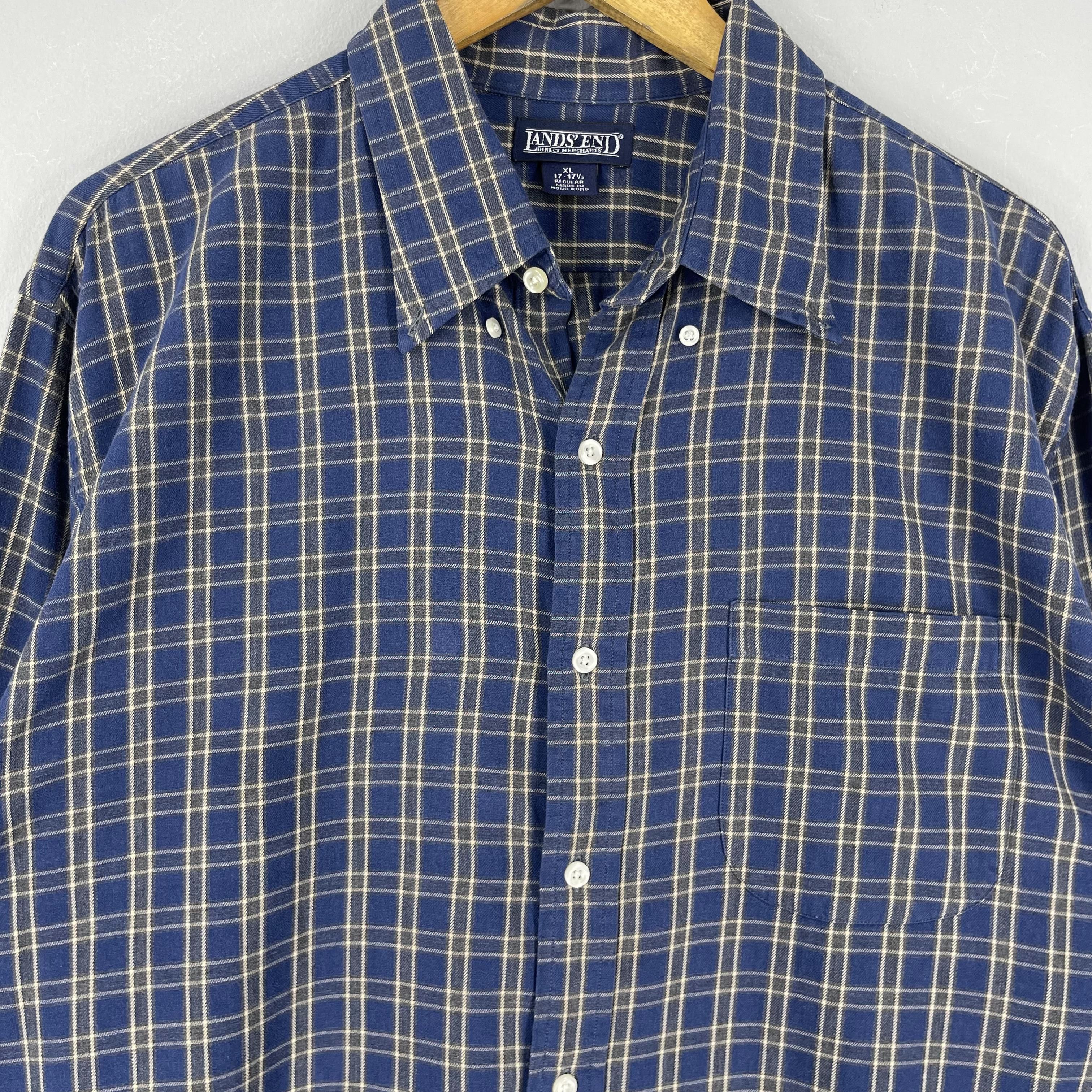 Flannel Vintage LANDS'END Plaid Checkered Blue Flannel Button Up Size US XL / EU 56 / 4 - 2 Thumbnail