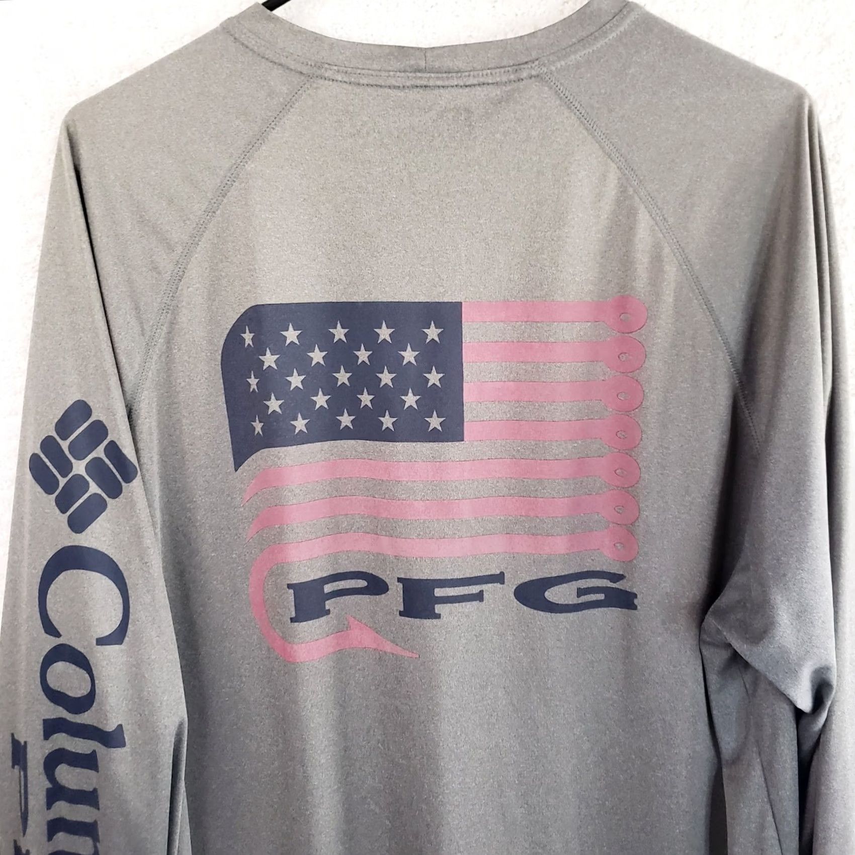 Vintage Columbia PFG Fishing Sun Shirt Men's L American Flag Graphic Long Sleeve Crew T Shirt Mens Regular Lightweight Moisture Wicking 50+SPF Gray Size US L / EU 52-54 / 3 - 7 Thumbnail