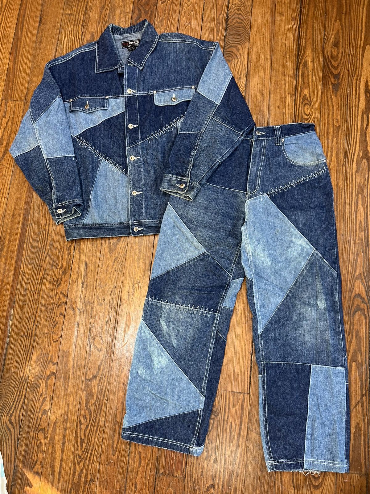 Y2K Patchwork Denim Jeans + Jacket Set Baggy Grunge