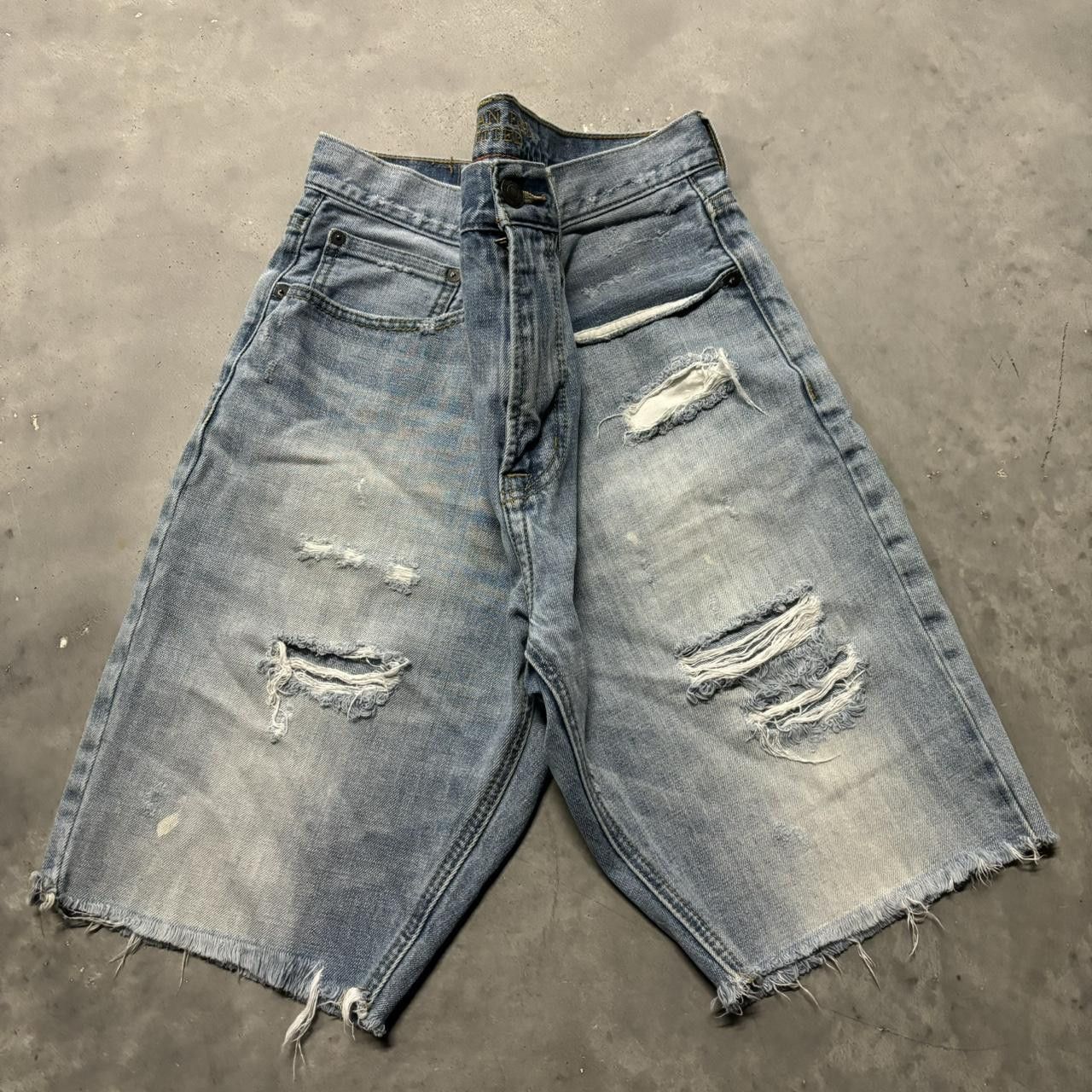 Japanese Brand × Vintage Crazy Vintage Y2K/2000s Grunge Light Wash Distressed Denim Jean Shorts Jorts! Size US 34 / EU 50 - 1 Thumbnail