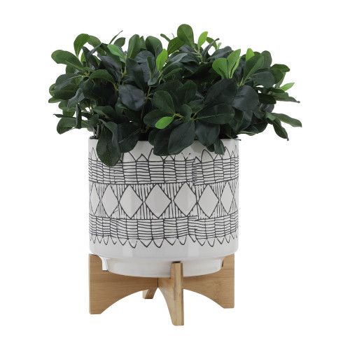 Designer × Homemade CERAMIC 10" AZTEC PLANTER ON WOODEN STAND, GRAY Size US L / EU 52-54 / 3 - 4 Thumbnail