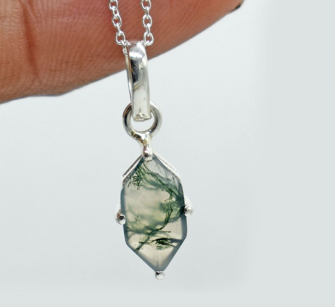 Handmade Sterling Silver Moss Agate Gemstone Necklace - 18 Inch Size ONE SIZE - 7 Thumbnail