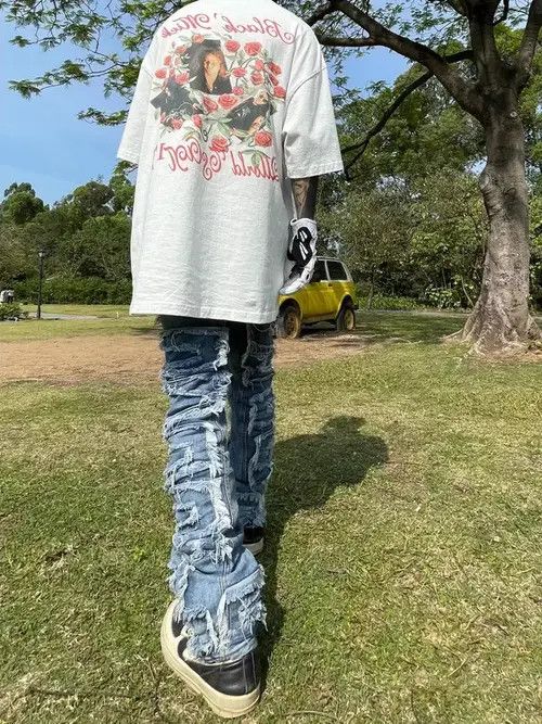 Designer × Hypebeast × Jean Pants urban patch damaged fade skate cargo flared jeans Size US 30 / EU 46 - 2 Thumbnail