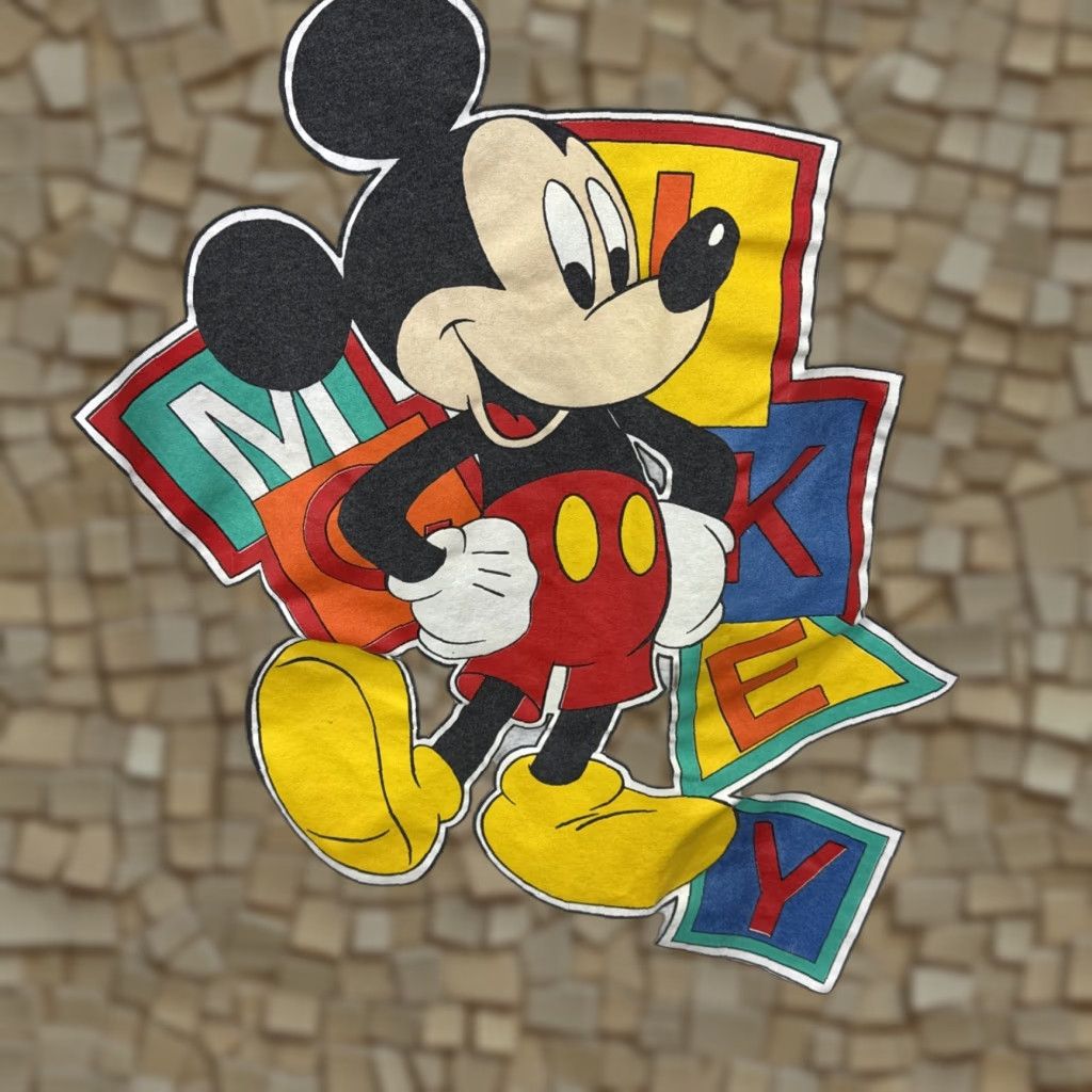 Disney VINTAGE Walt Disney T Shirt Mickey Mouse Gray Blocks Men's XL Big Print Size US XL / EU 56 / 4 - 1 Thumbnail